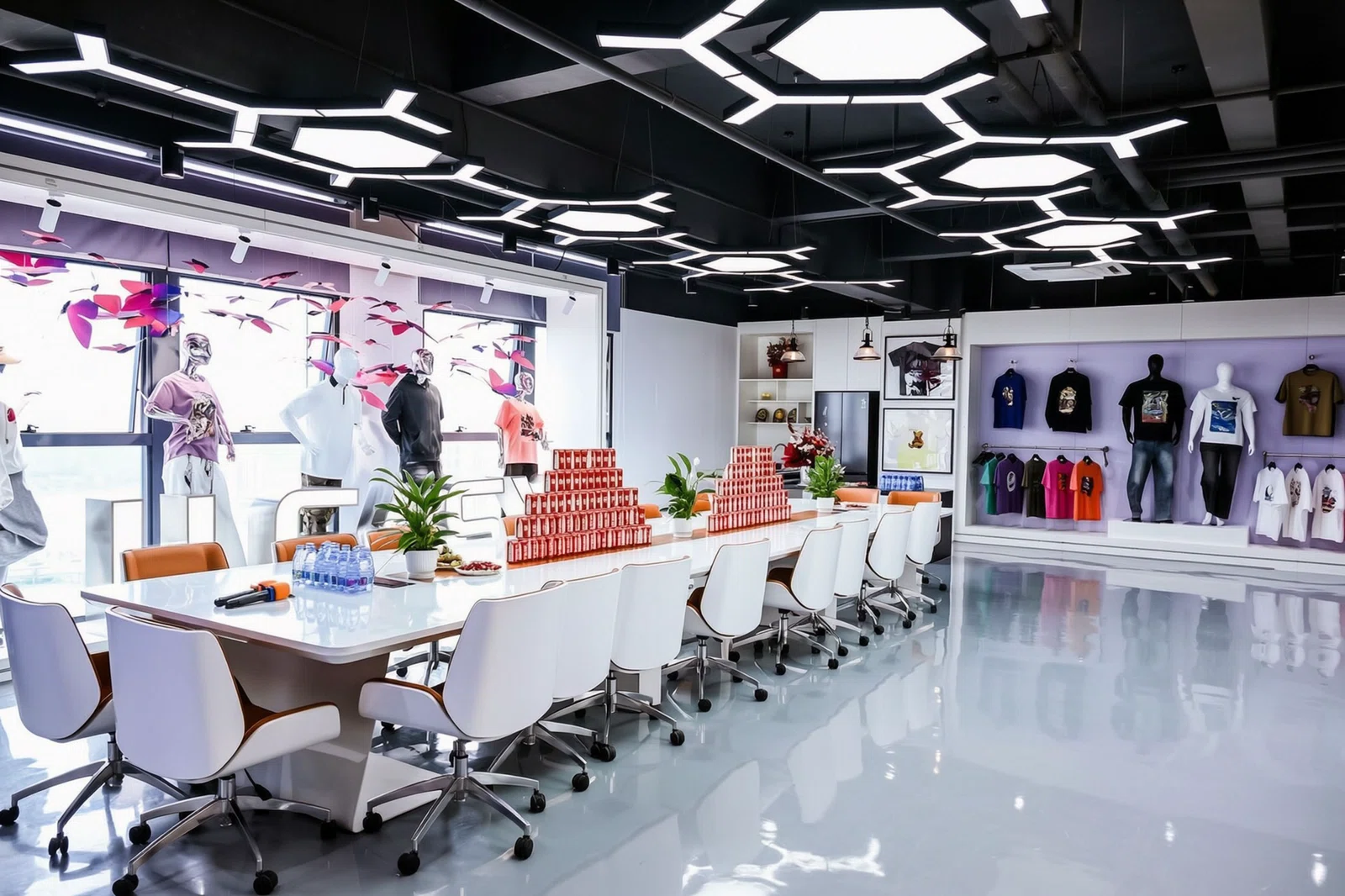 Modern apparel design showroom with a long meeting table and printed-tee wall displays