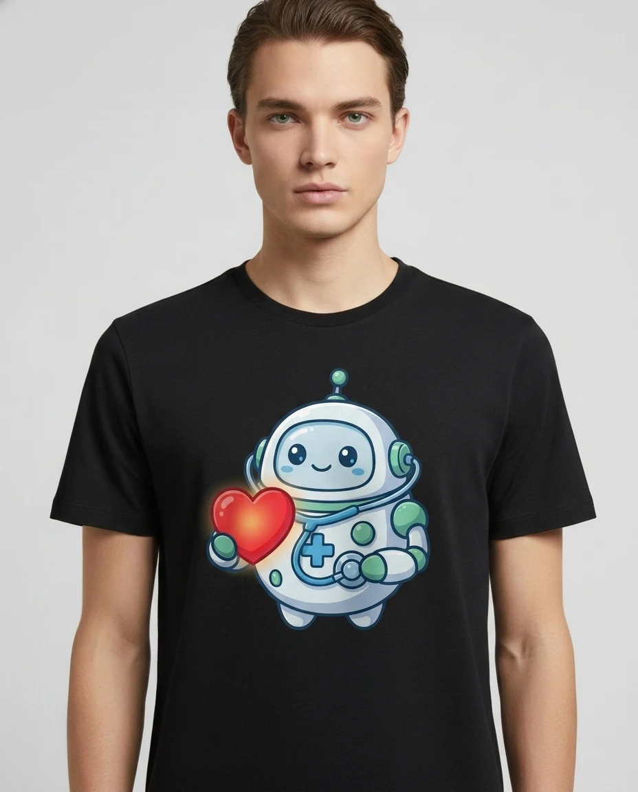 Cute flat illustration of a round white medical robot wearin...