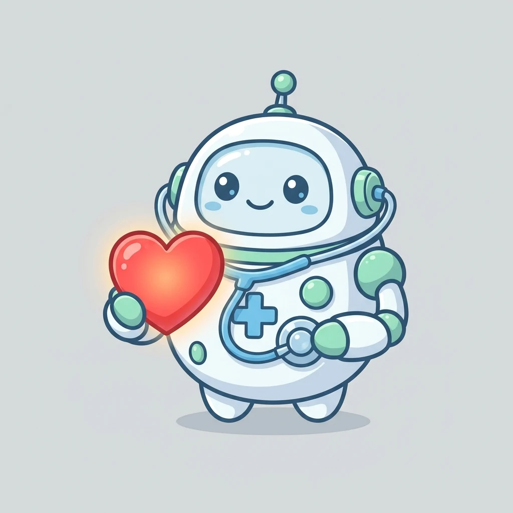 Cute flat illustration of a round white medical robot wearin...