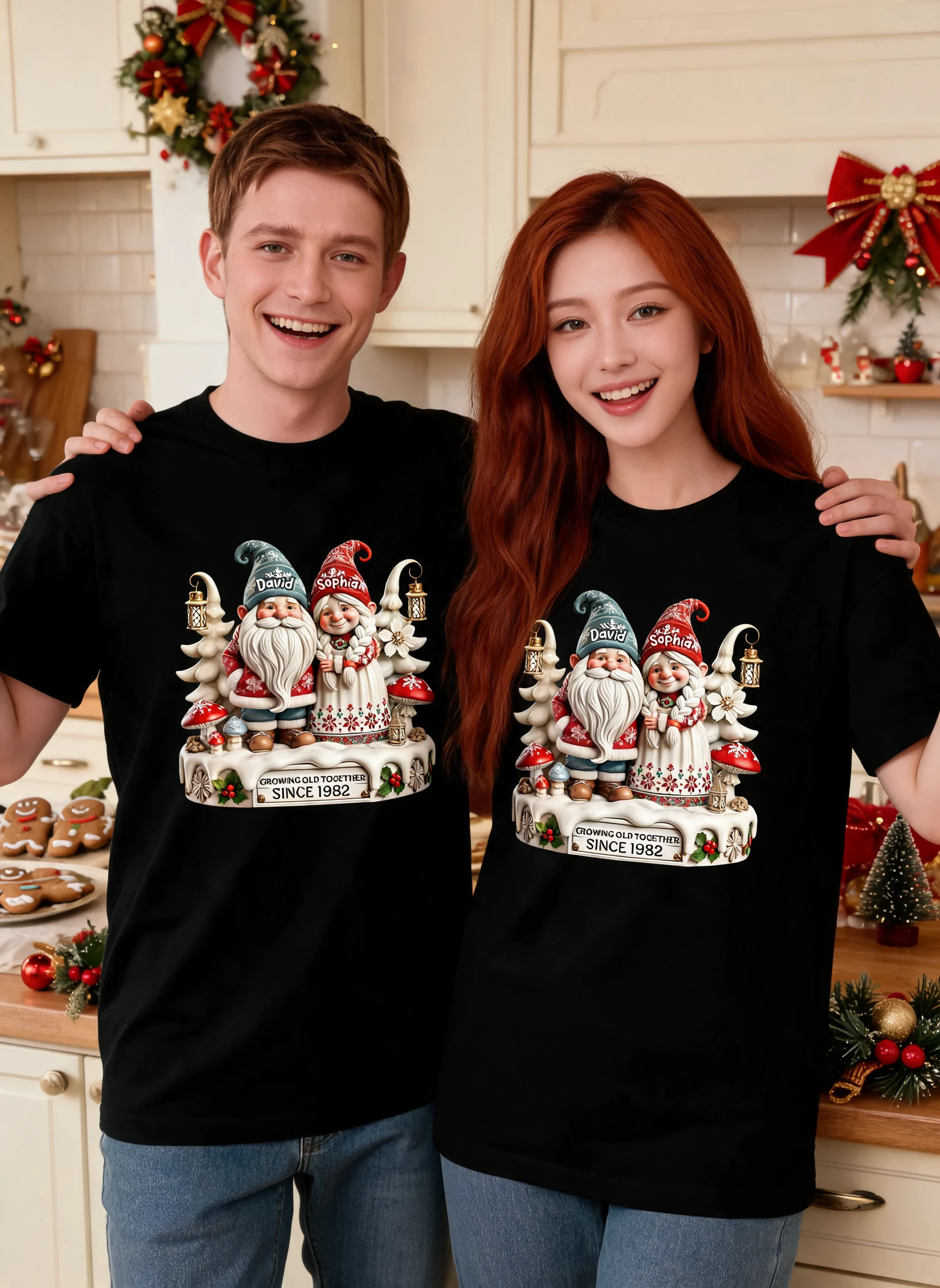 3D-Effekt Gnom-Paar Zusammen Weihnachten Personalisiertes Shirt, Herzliches Geschenk Für Paar, Für Ihn, Für Sie, Ehemann, Ehefrau — Weiß
