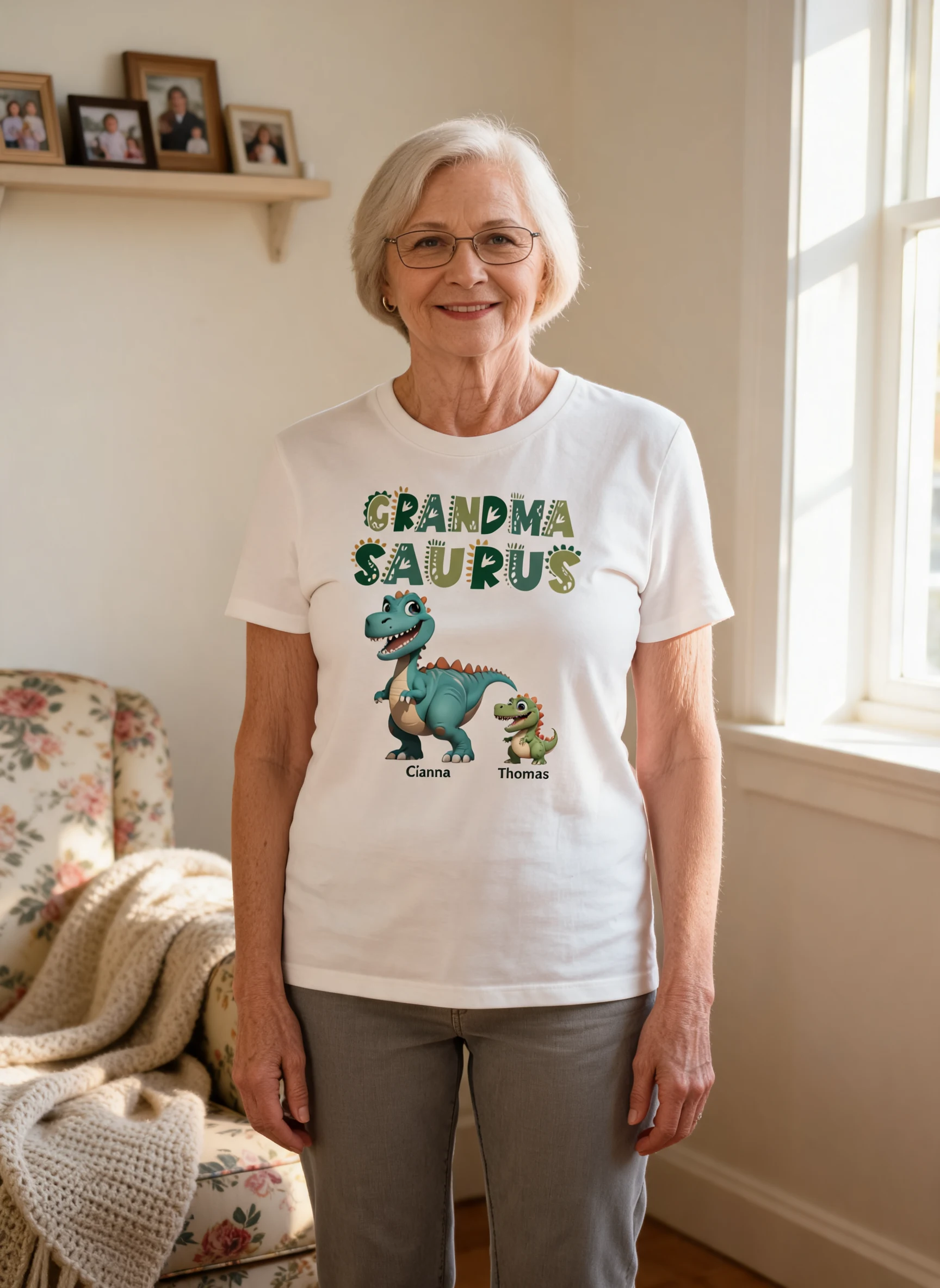 3D Effect Grandmasaurus And Babysaurus Personalized Shirts [Set Of 2 Shirts] — White