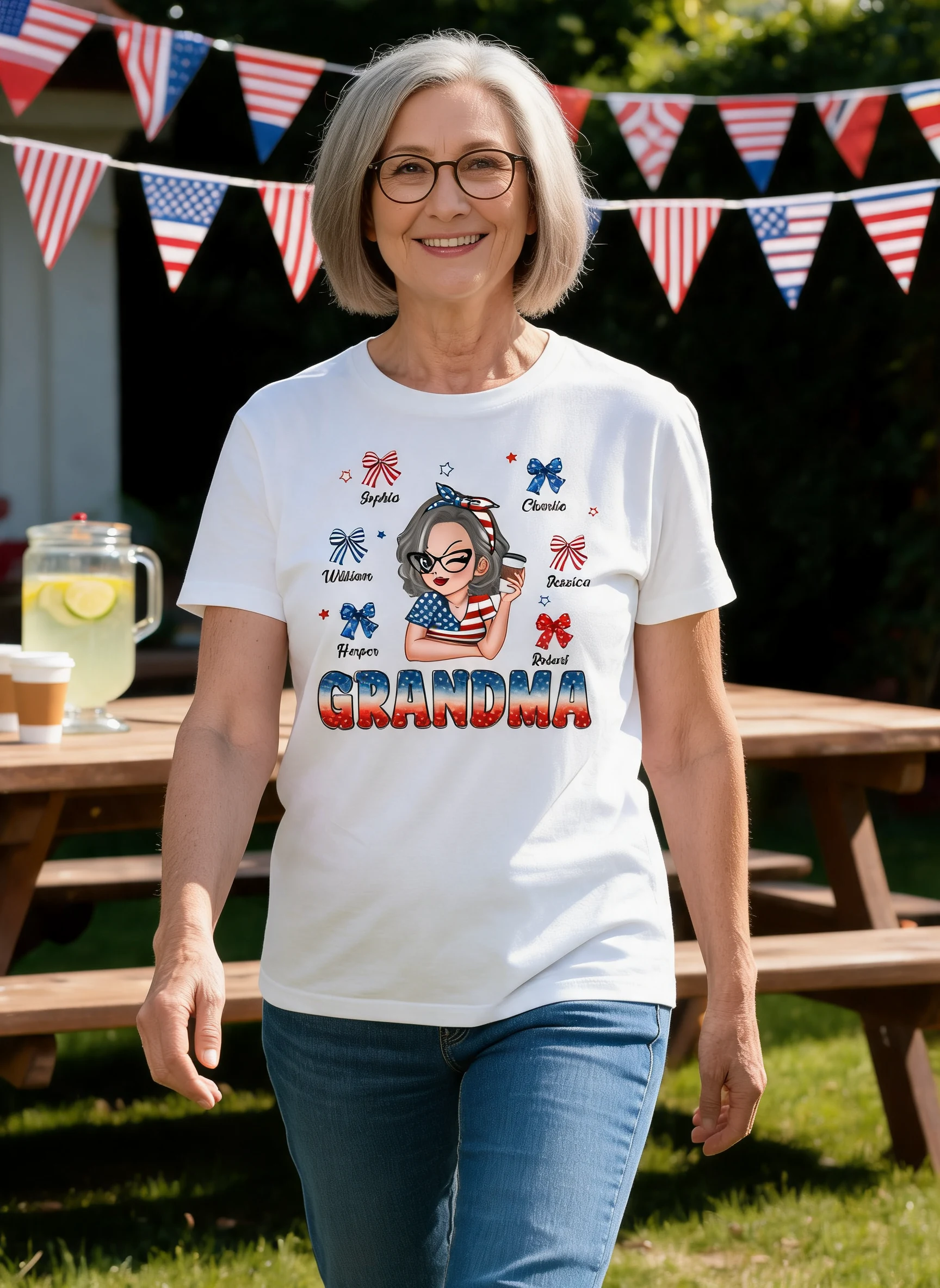 4th Of July Bows Coquette Grandma With Grandkids Names Personalized Shirt — White