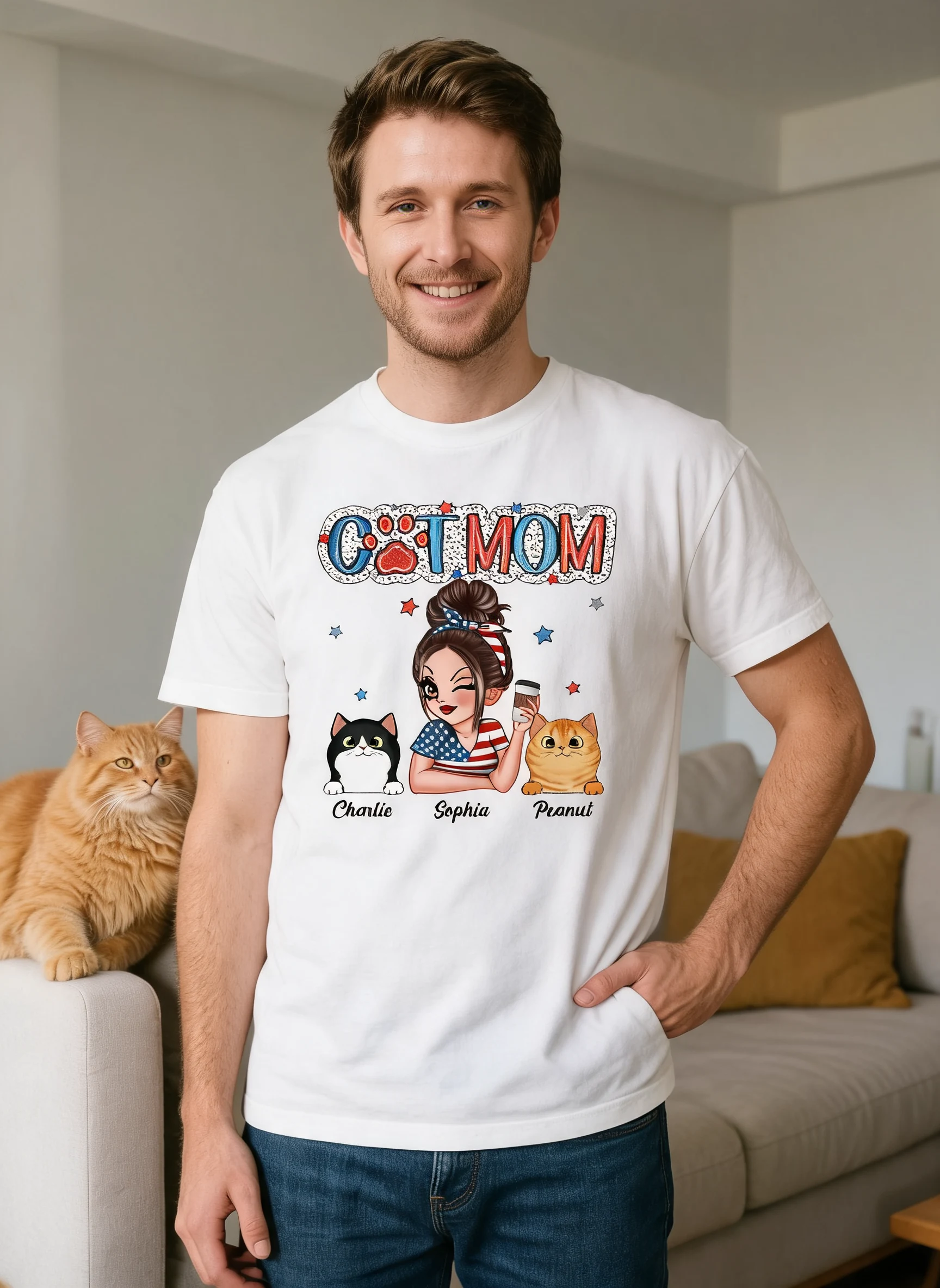 4th Of July Cat Mom Personalized Shirt, Gift For Cat Lover — White