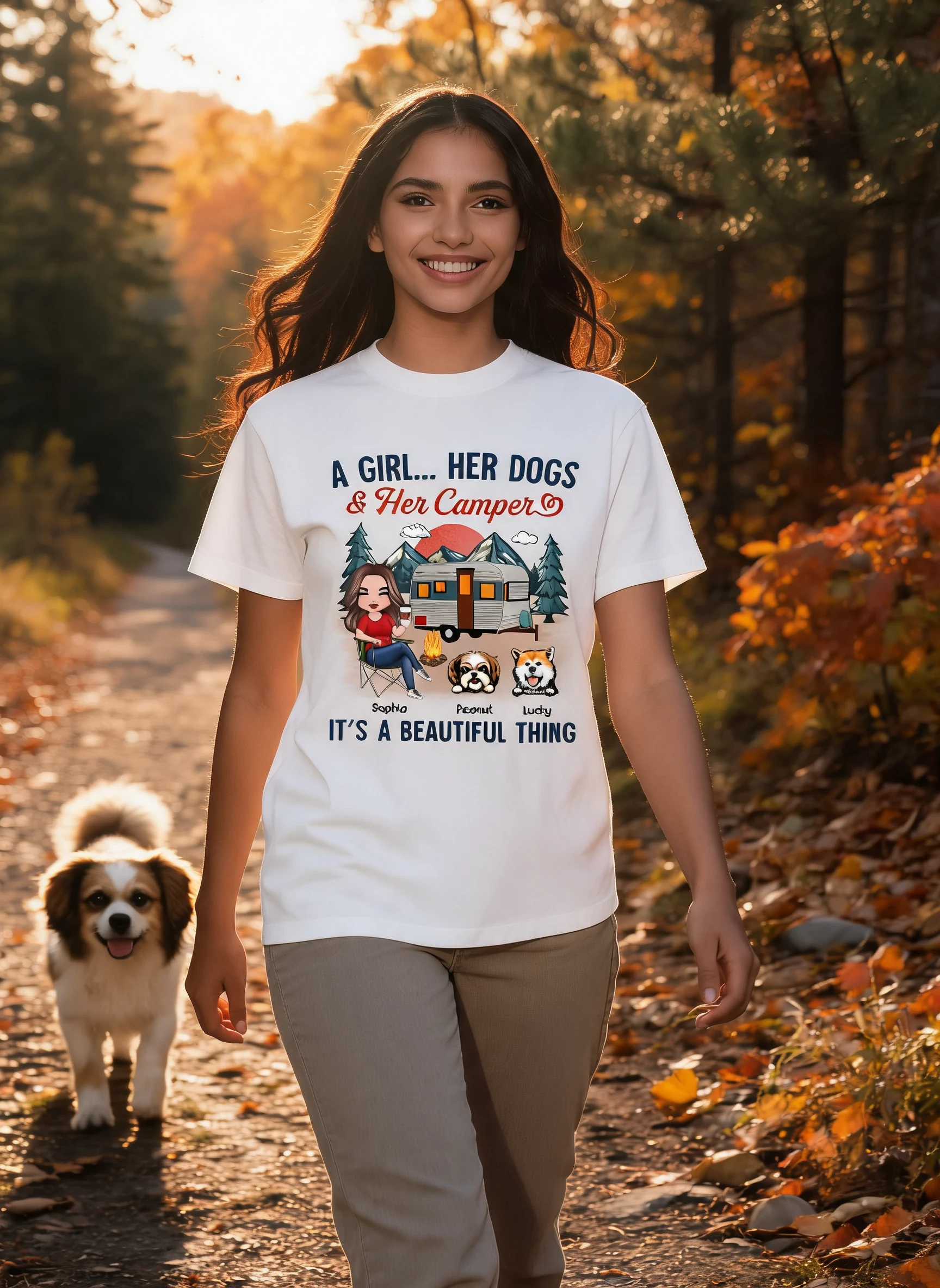 A Camping Girl And Her Dog Retro Personalized Shirt β White