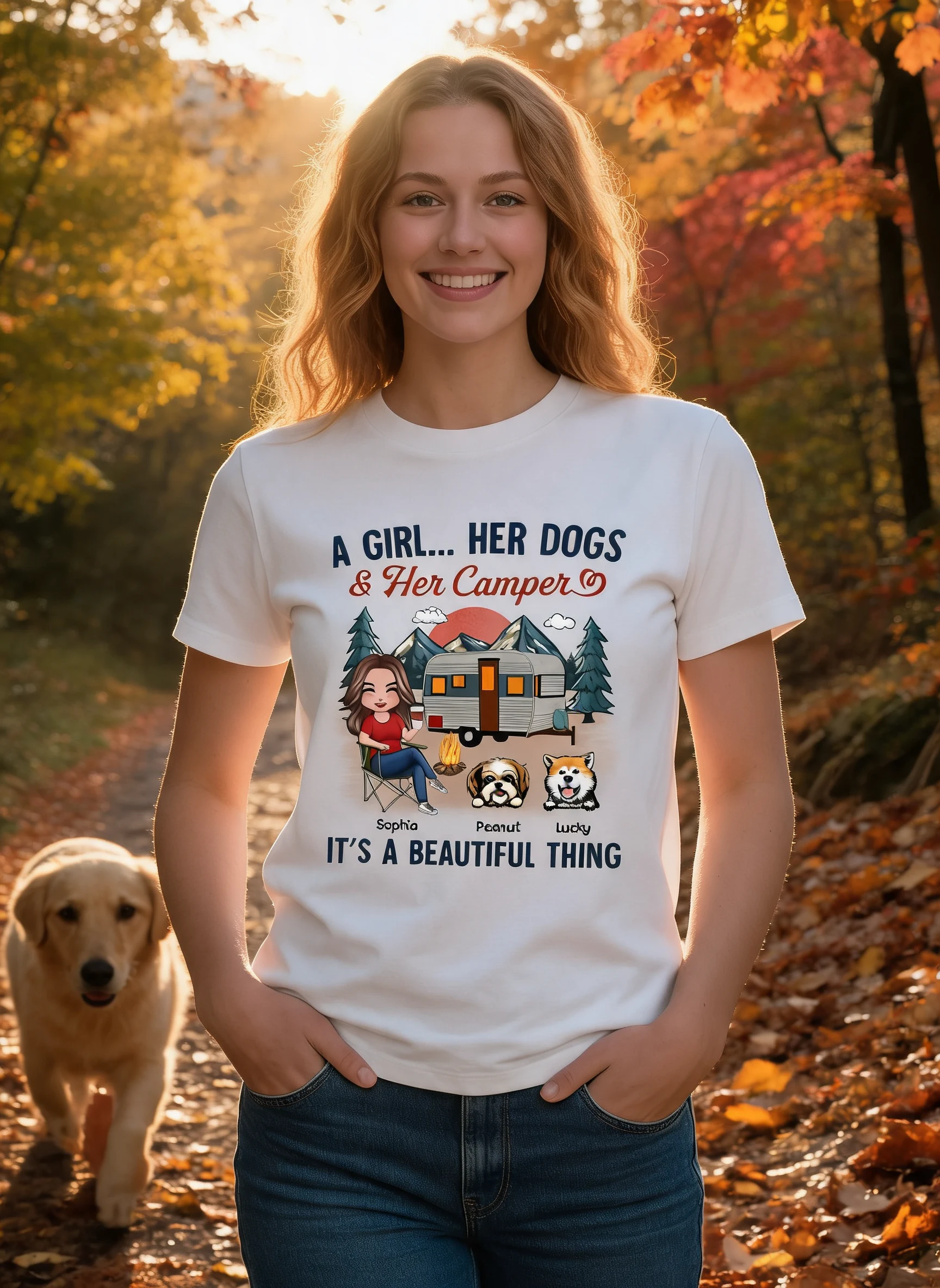 A Camping Girl And Her Dog Retro Personalized Shirt — White