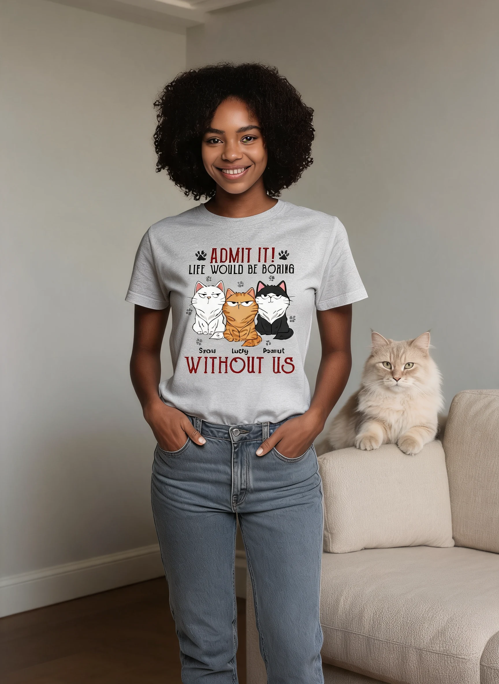 Gib zu, das Leben wäre ohne mich langweilig Flauschige Katze Lustige Sprüche Personalisiertes Shirt — Sport Grey
