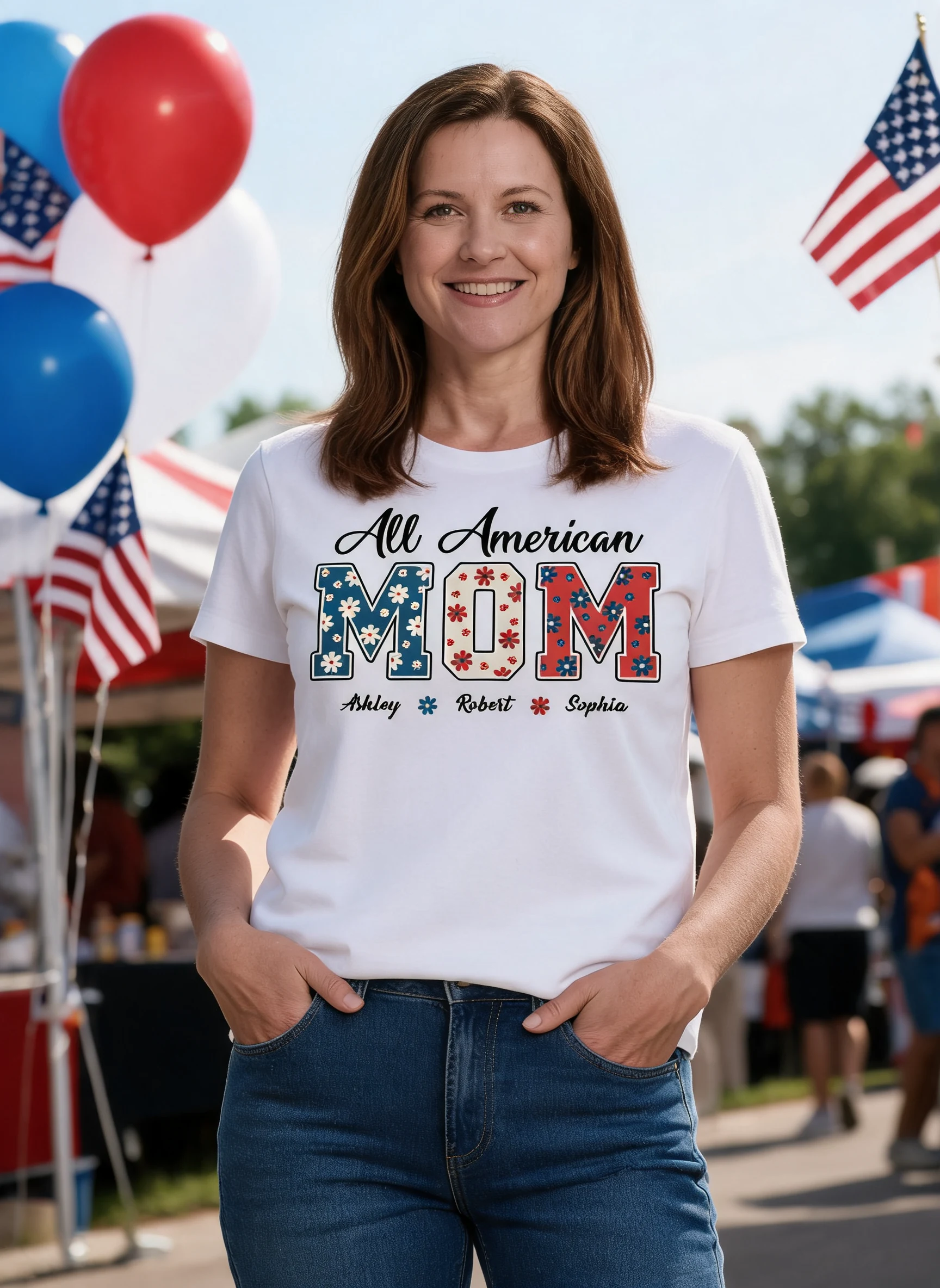 All American Mom 4th Of July Floral Independence Day Personalized Shirt — White