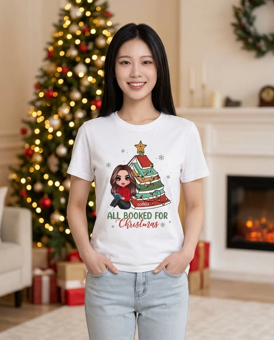 T-shirt personnalisé All Booked For Christmas pour les amateurs de livres, T-shirt Sapin de Noël en livres — Blanc