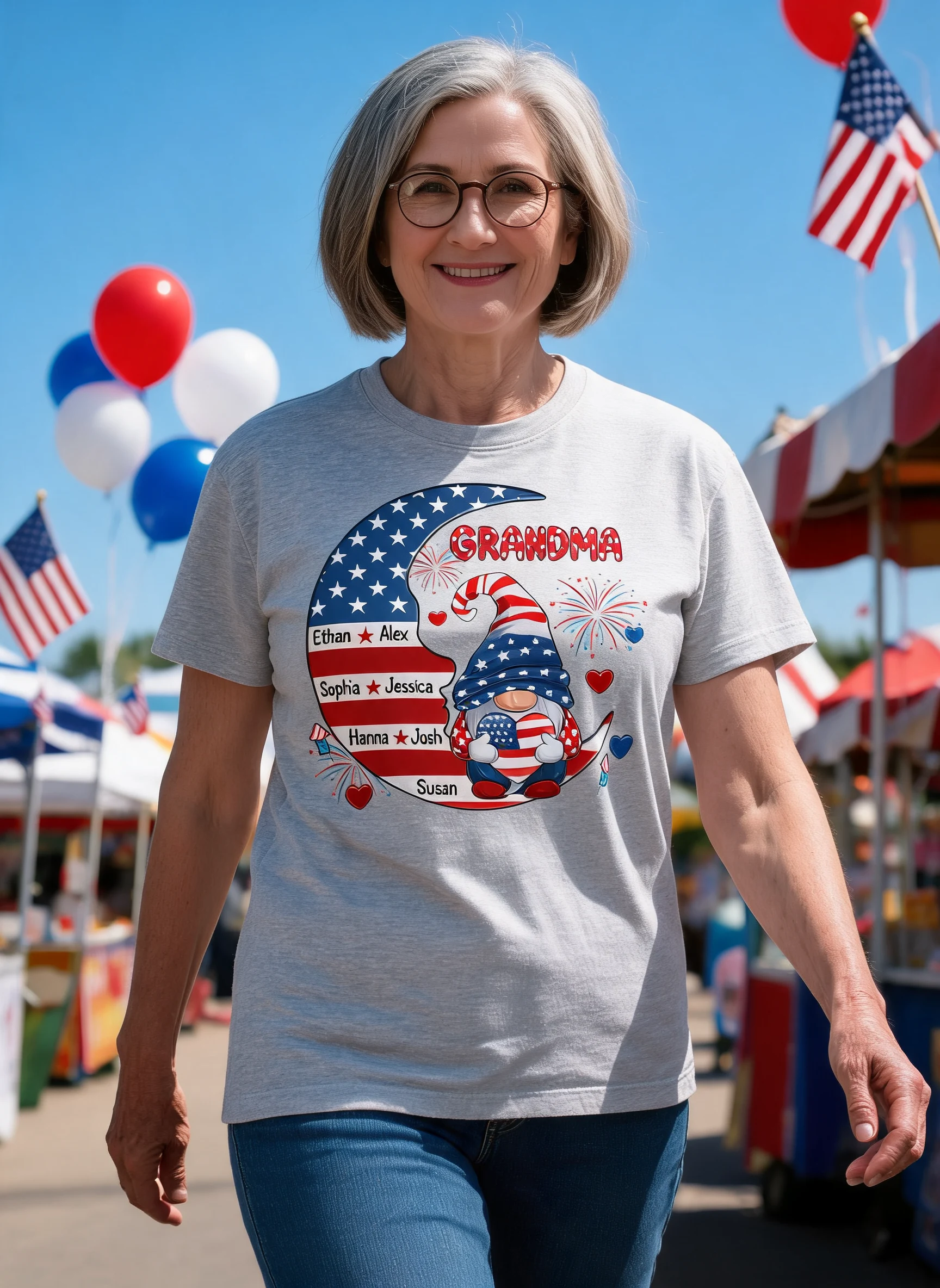 American Gnome Grandma Mom Sitting On Moon Personalized Shirt — Sport Grey