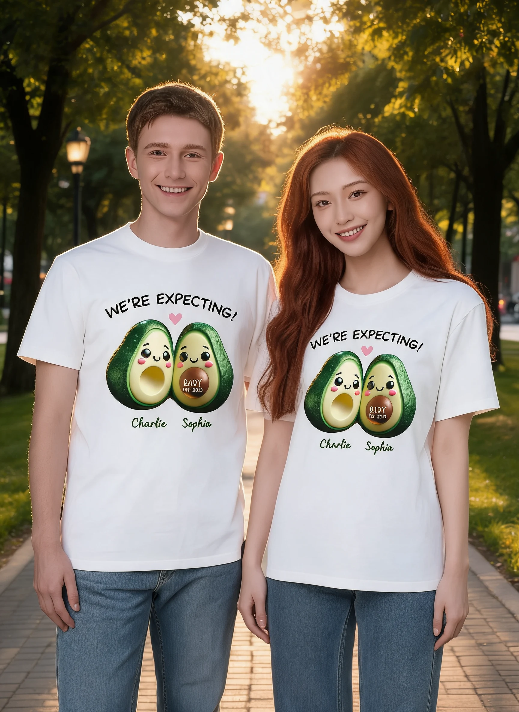 Avocado Couple Expecting Parents Pregnancy Announcement Keepsake Personalized Shirt — White