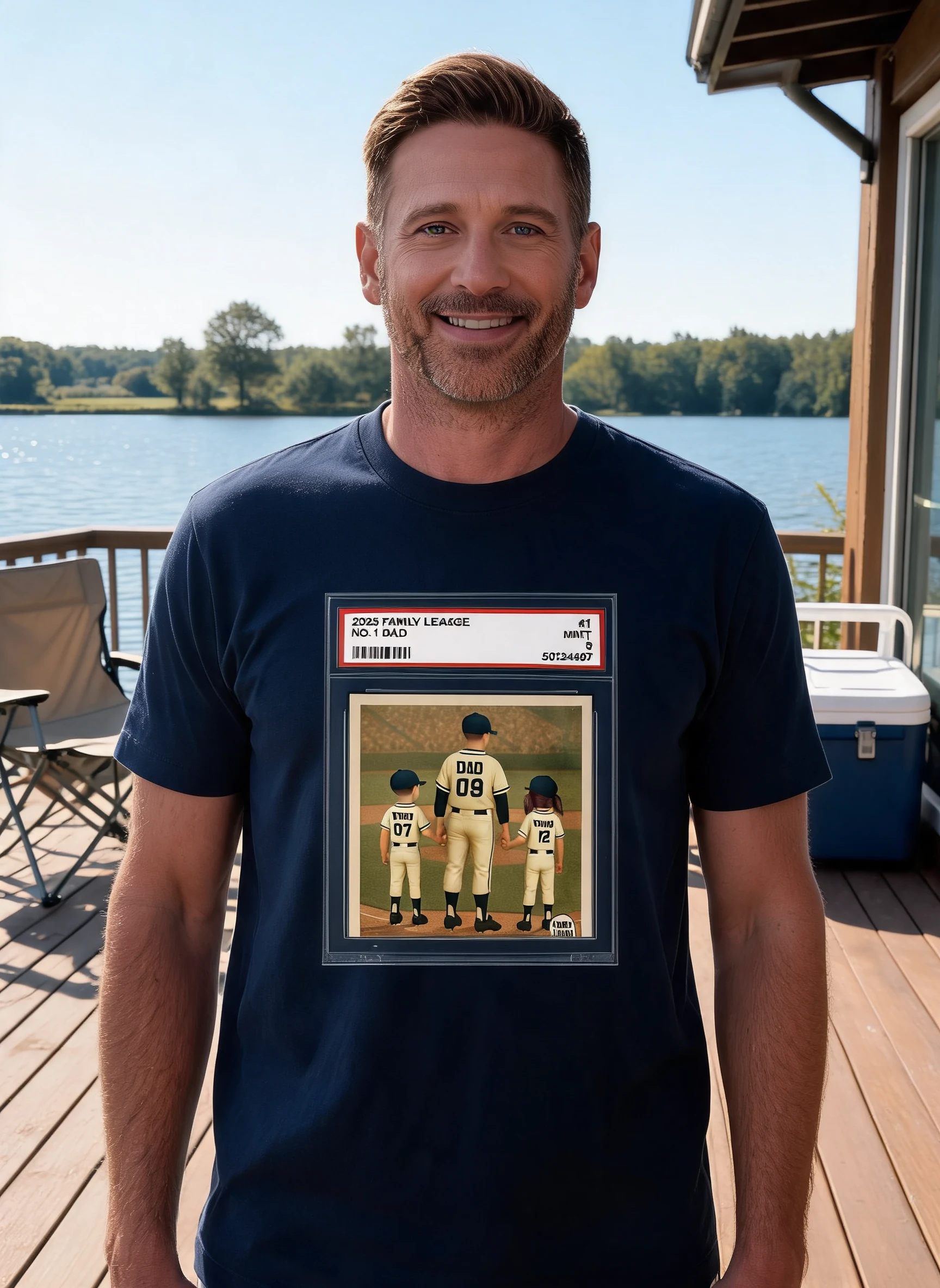 Baseball No. 1 Dad Grandpa Man & Kids Trading Card Style Personalized Shirt — Light Blue