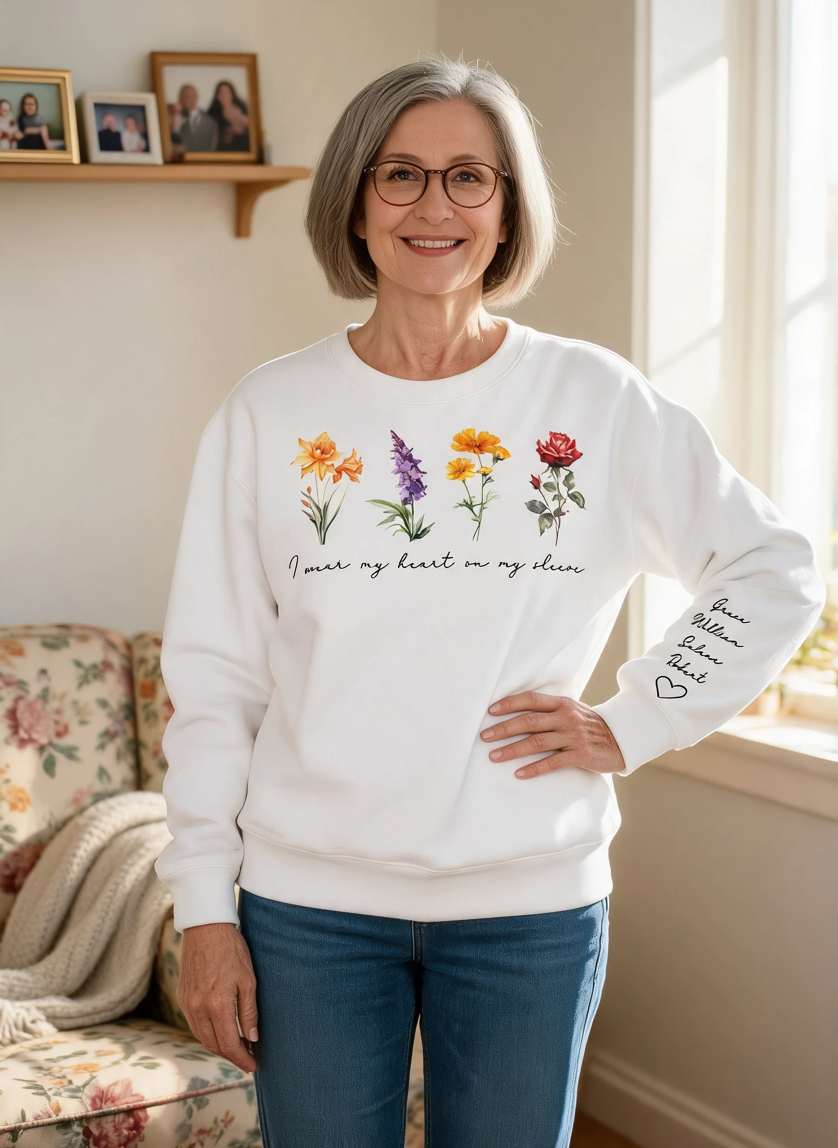 Beautiful Birth Month Flowers Personalized Sleeve Printed Sweatshirt, Gift For Mom Granma Aunt — White