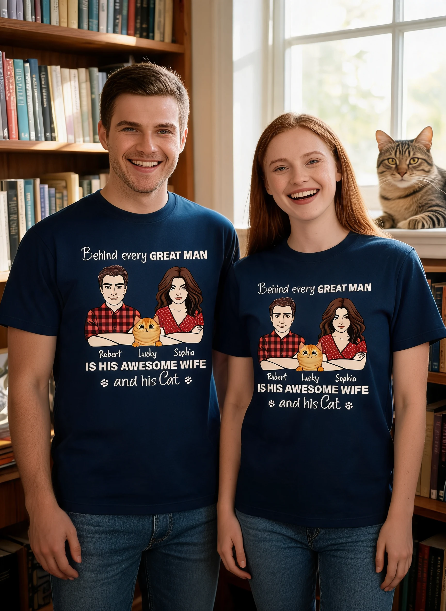 Behind Every Great Man Is His Wife And His Cats Personalized Shirt — Light Blue