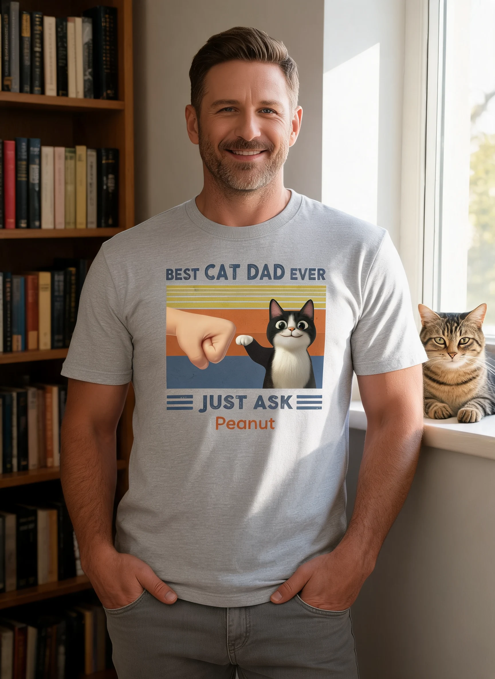 最佳猫爸可爱卡通搞笑猫咪定制T恤，猫爸礼物 — 运动灰