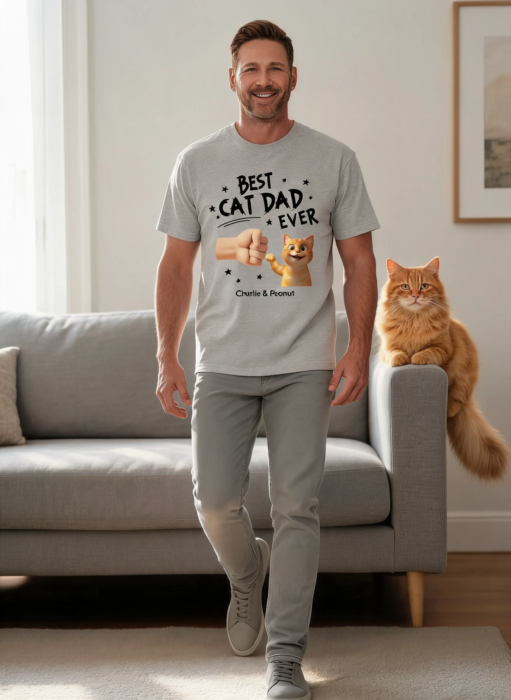 Bester Katzenpapa aller Zeiten Custom Katzen-Faustbump Personalisiertes Shirt, Geschenk für Katzenpapas — Sportgrau