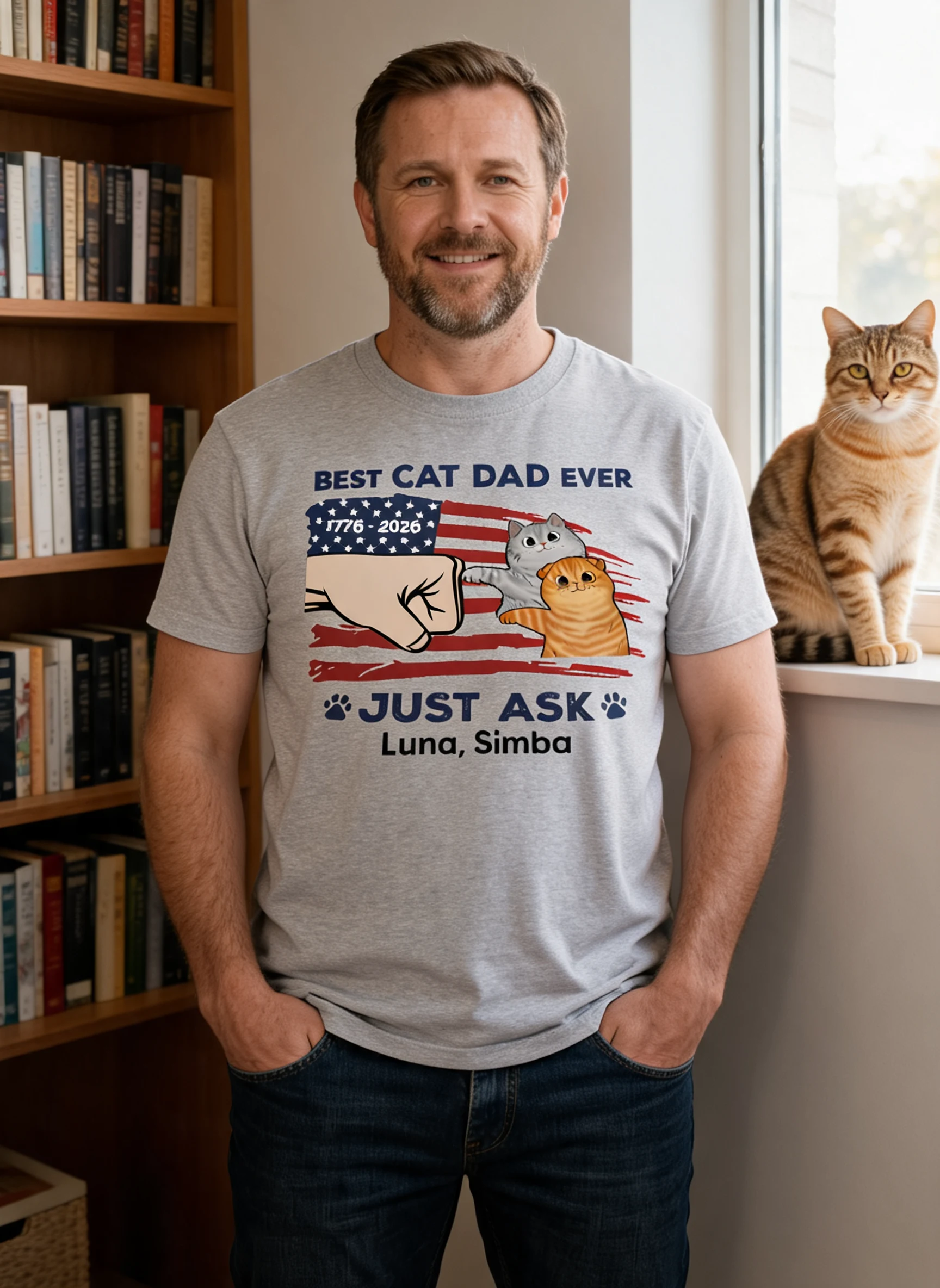 Best Cat Dad Ever Just Ask Nation Flag Theme - Personalized Shirt - Father's Day Gift For Cat Dad, Patriotic 4th Of July Gift, USA 250th Anniversary — Sport Grey