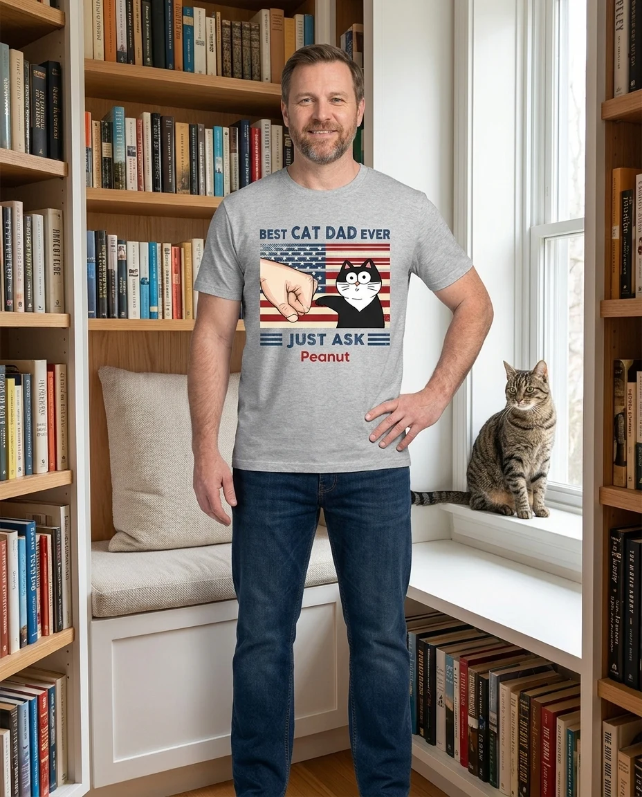 史上最棒猫爸 国旗 碰拳 搞怪萌猫 定制衬衫 — 运动灰