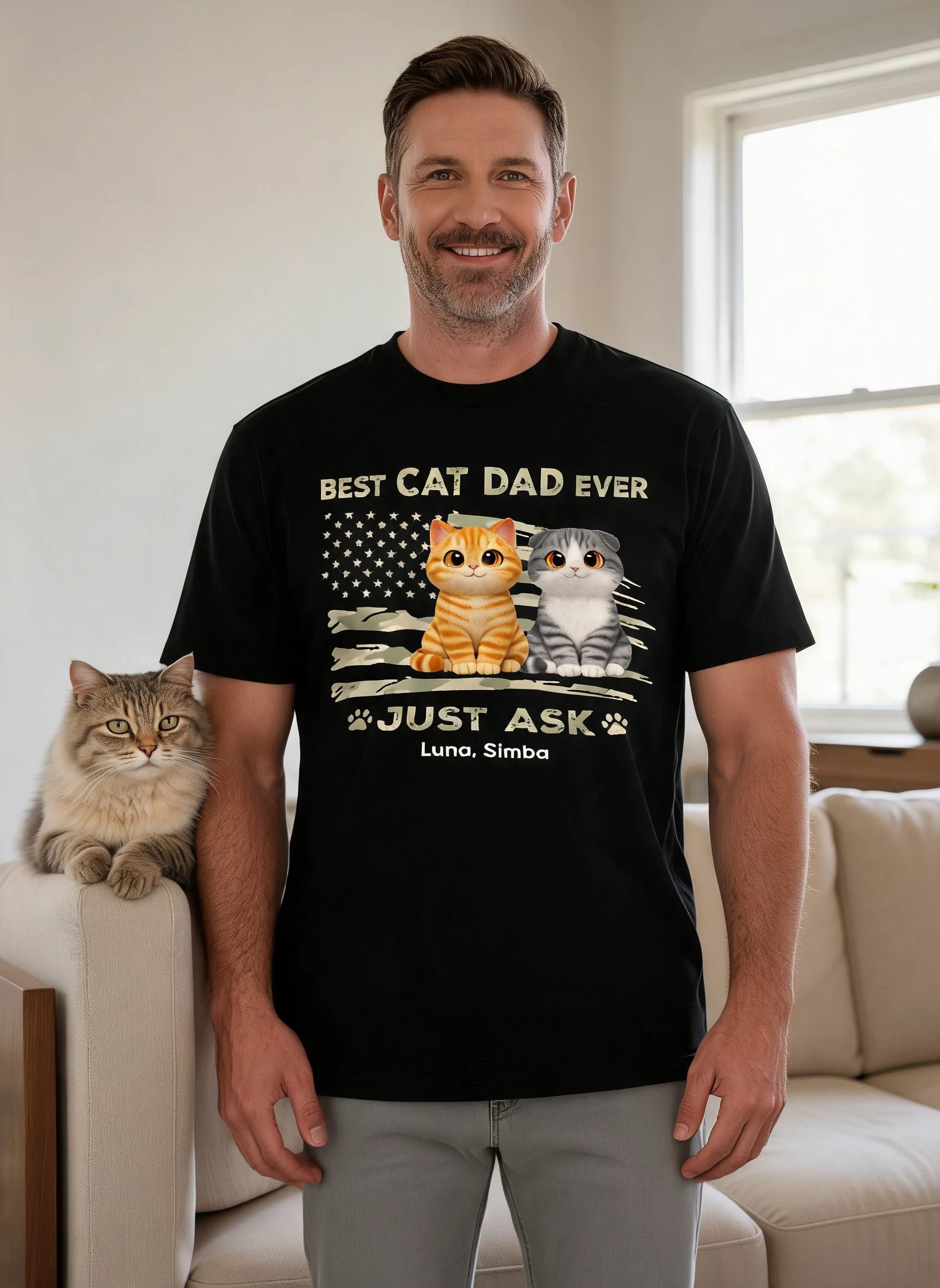 Best Cat Dad Ever Nation Flag Theme Cute Cats - Personalized Shirt - Father's Day Gift For Cat Dad, Patriotic 4th Of July Gift, USA 250th Anniversary — Black