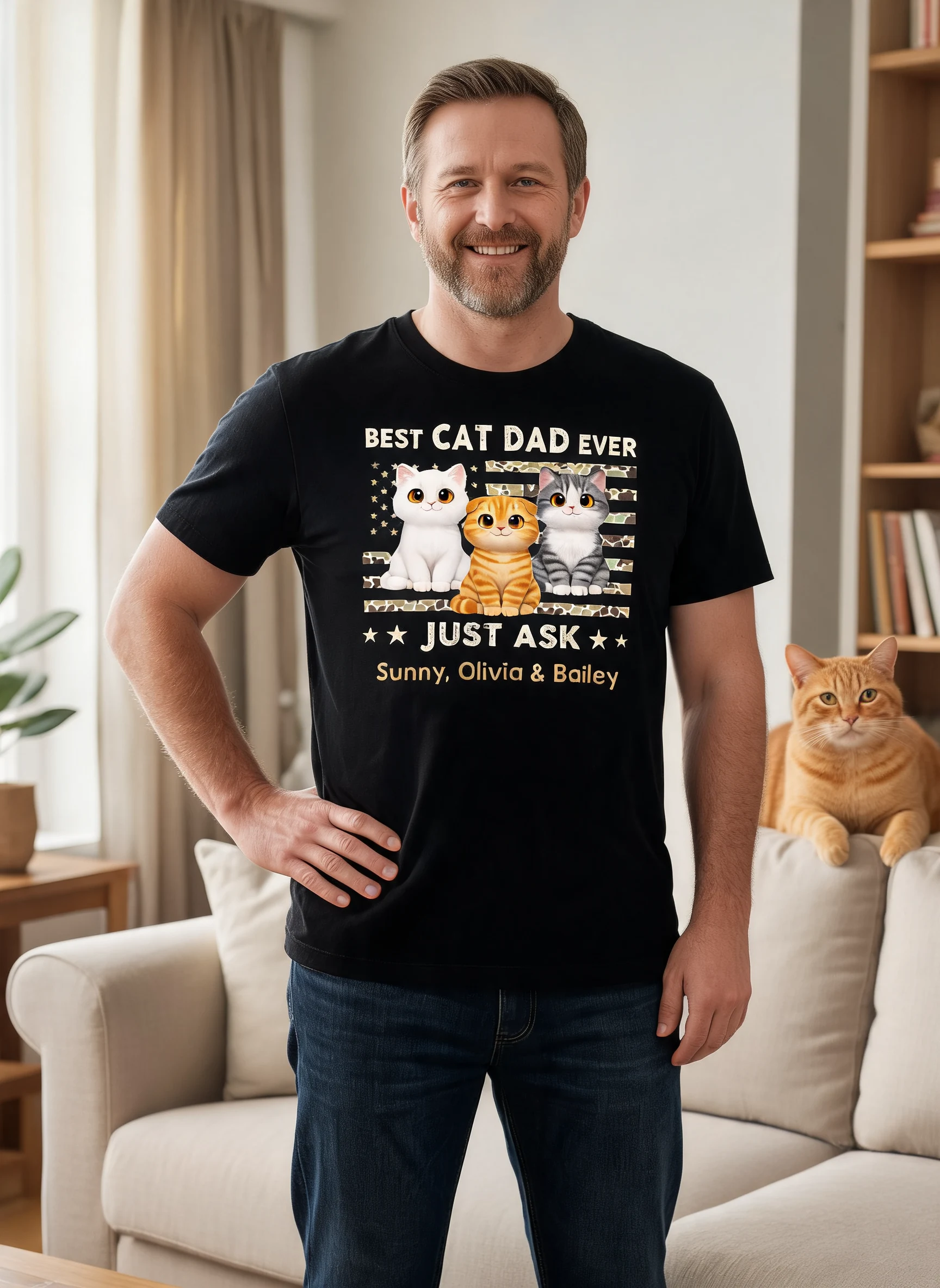 Best Cat Dad Ever Trendy Camouflage Pattern Nation Flag - Personalized Shirt - Father's Day Gift For Cat Dad, Cat Lovers — Black