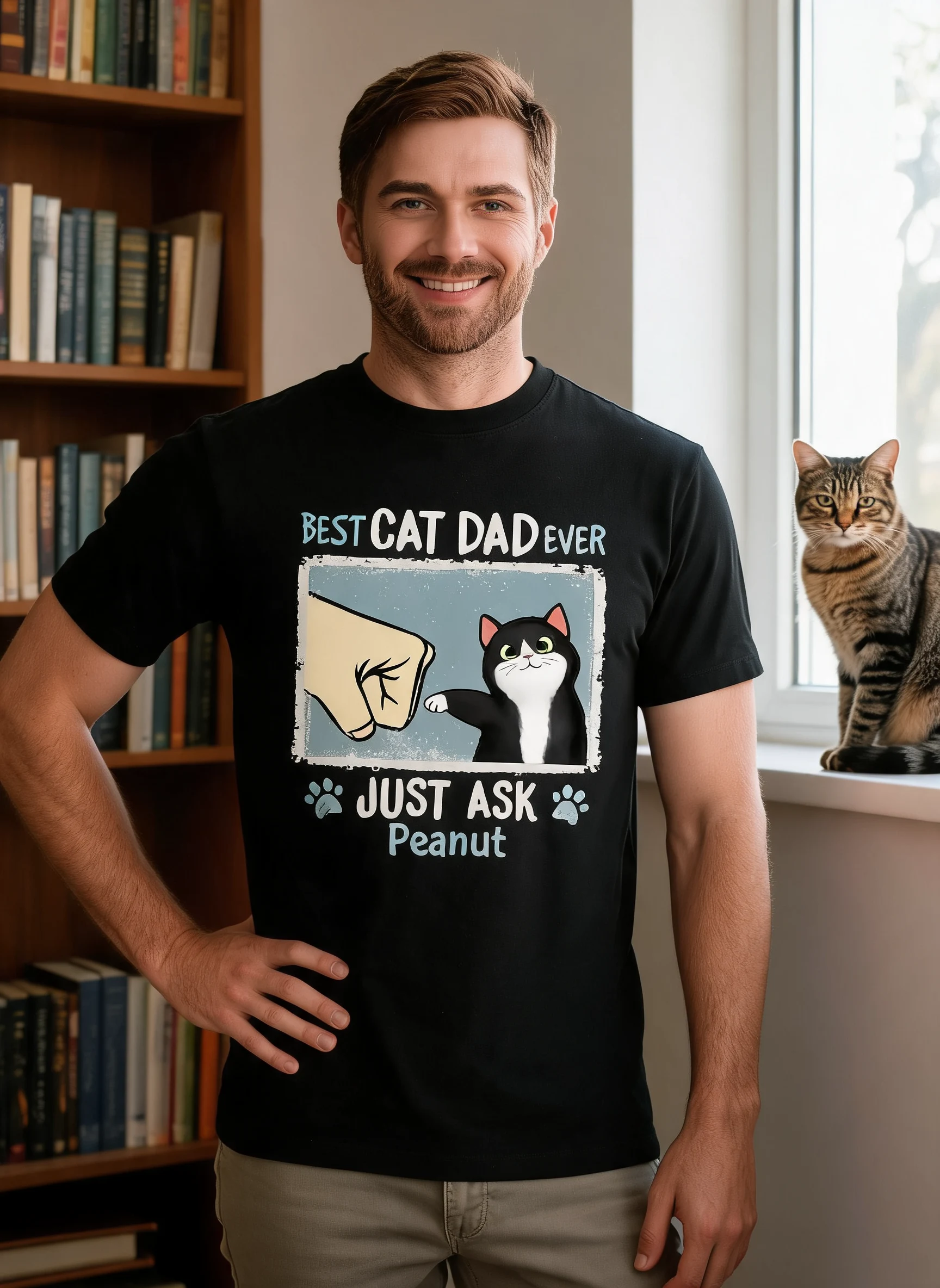 Best Cat Dad Mom Ever Drizzle Color Frame Fluffy Cat Personalized Shirt — Black