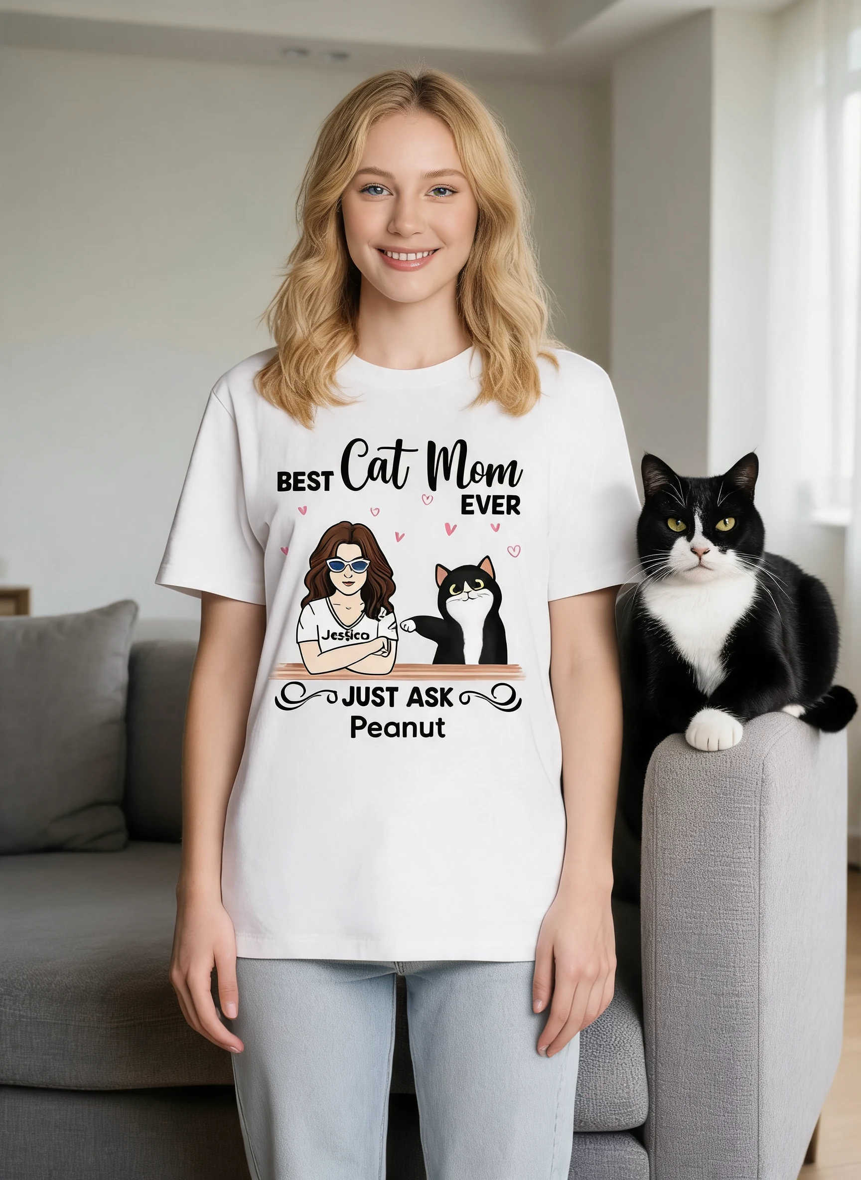 Camiseta Personalizada Mejor Mamá Gato Y Gato Peludo Para Mujer — Blanco