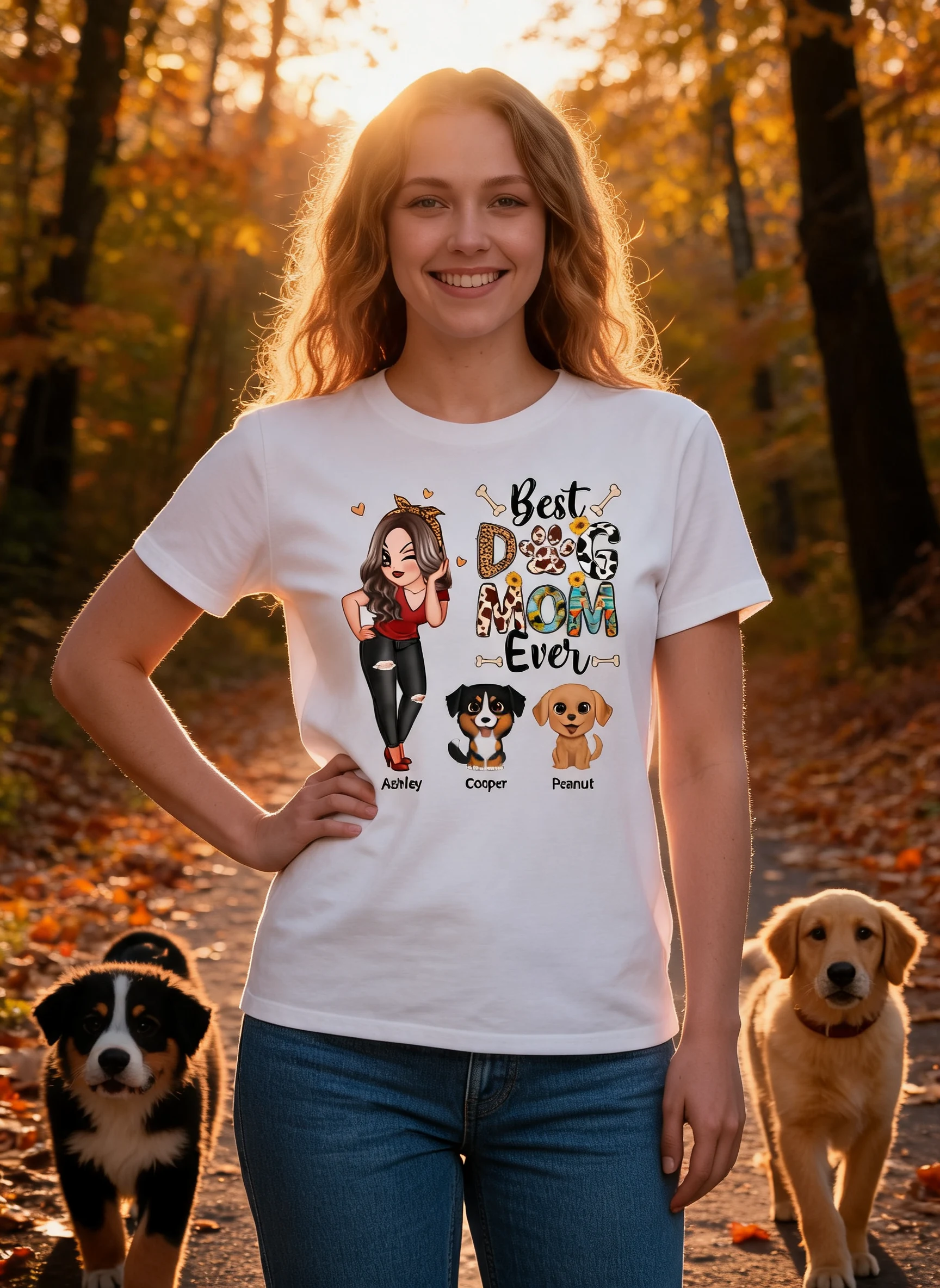 La Mejor Mamá Perruna Estampado Múltiple Chica Bonita & Lindo Perro Sentado de Dibujos Animados Camiseta Personalizada — Blanco