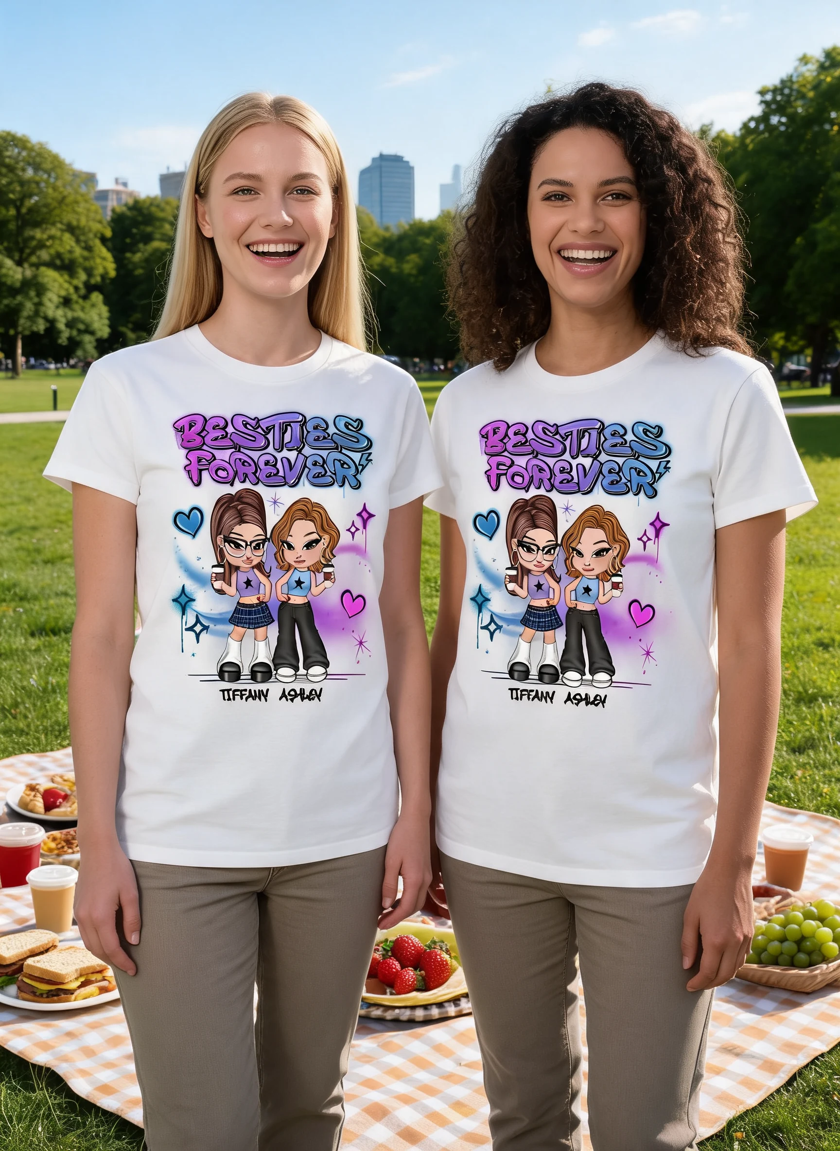 Besties Sisters Y2K Airbrushed Personalized Shirt — White