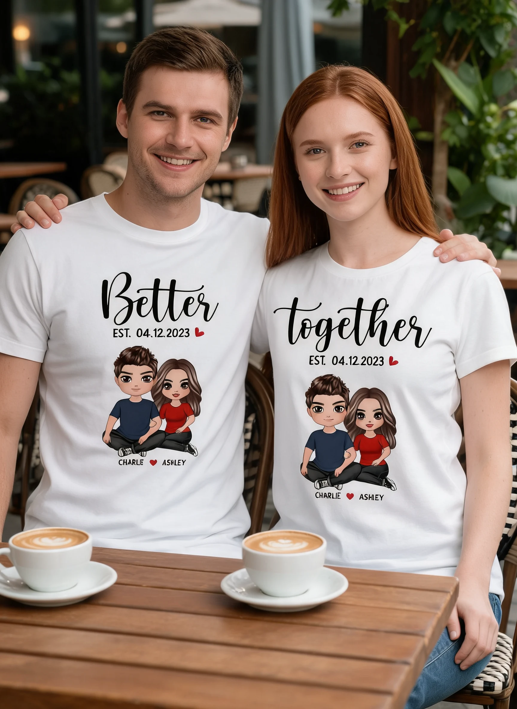 Better Together Doll Couple Embracing Sitting Valentine's Day Gift For Couple Personalized Matching Shirts [Set Of 2 Shirts] — White