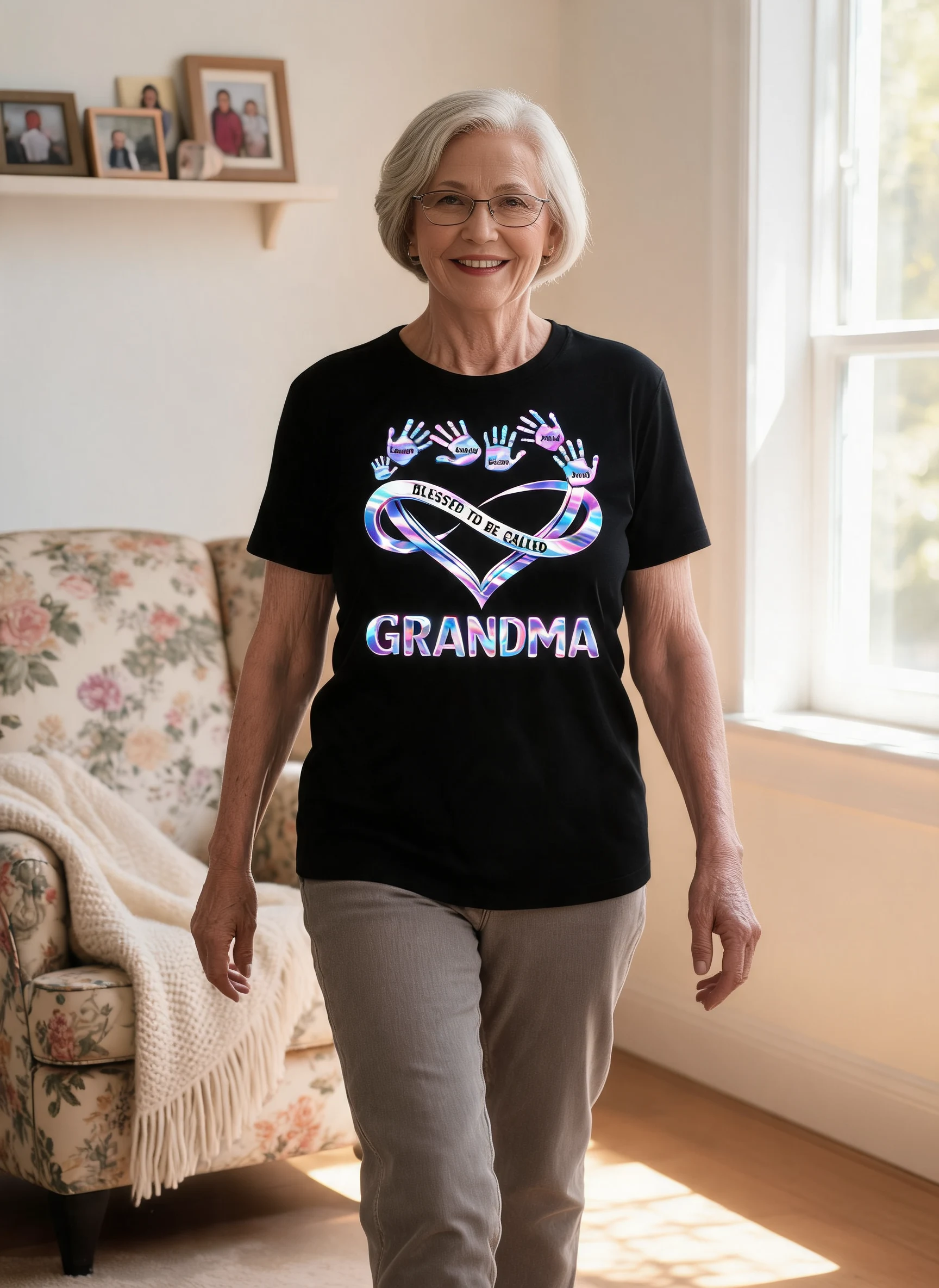 Gesegnet, Oma Mama genannt zu werden mit Kinder-Handabdrücken - Personalisiertes Shirt - Sentimentales Geschenk für Oma, Mama — Schwarz