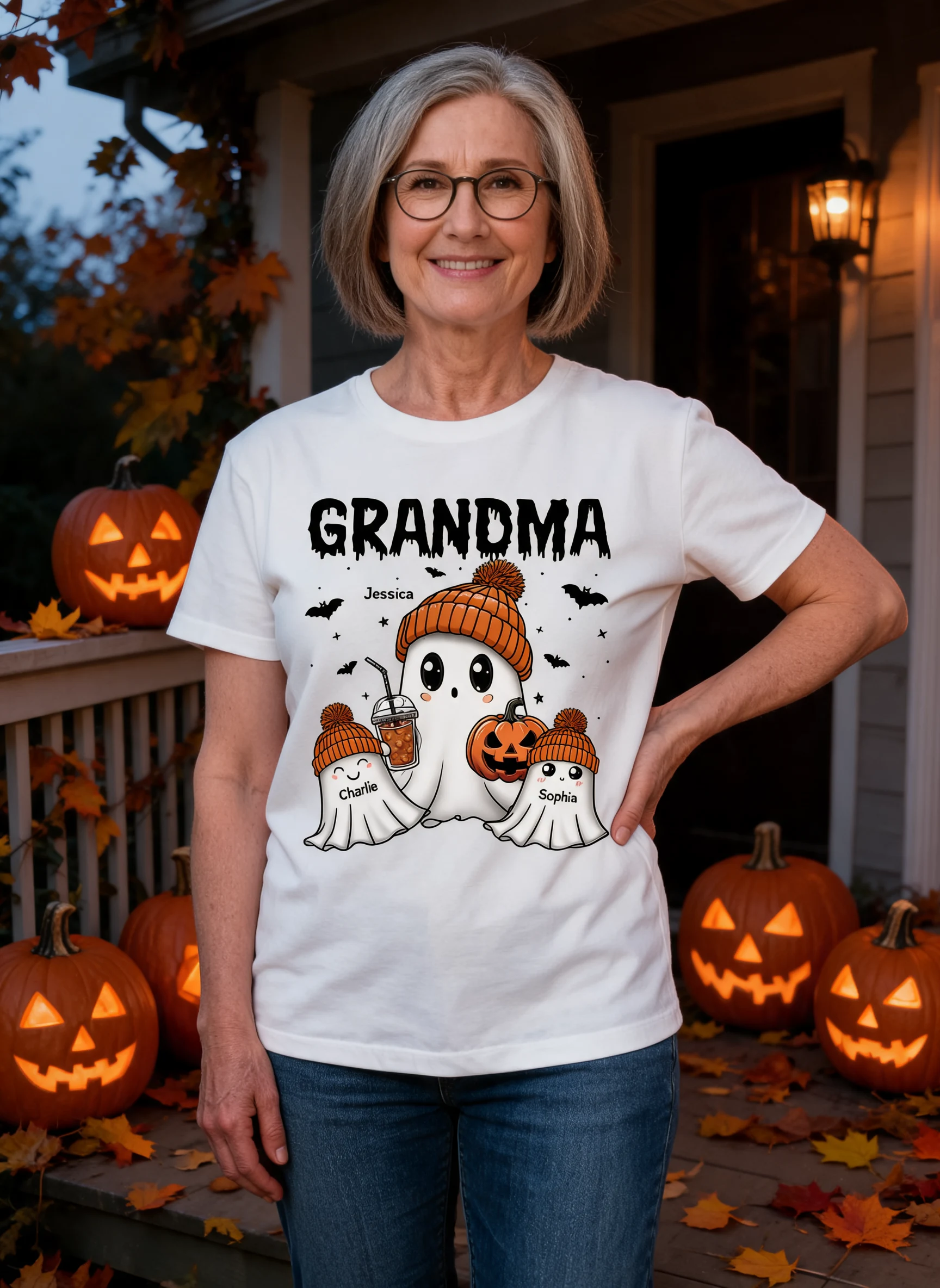 Boo Grandma Grandkids Fall Season Halloween Personalized Shirt — White