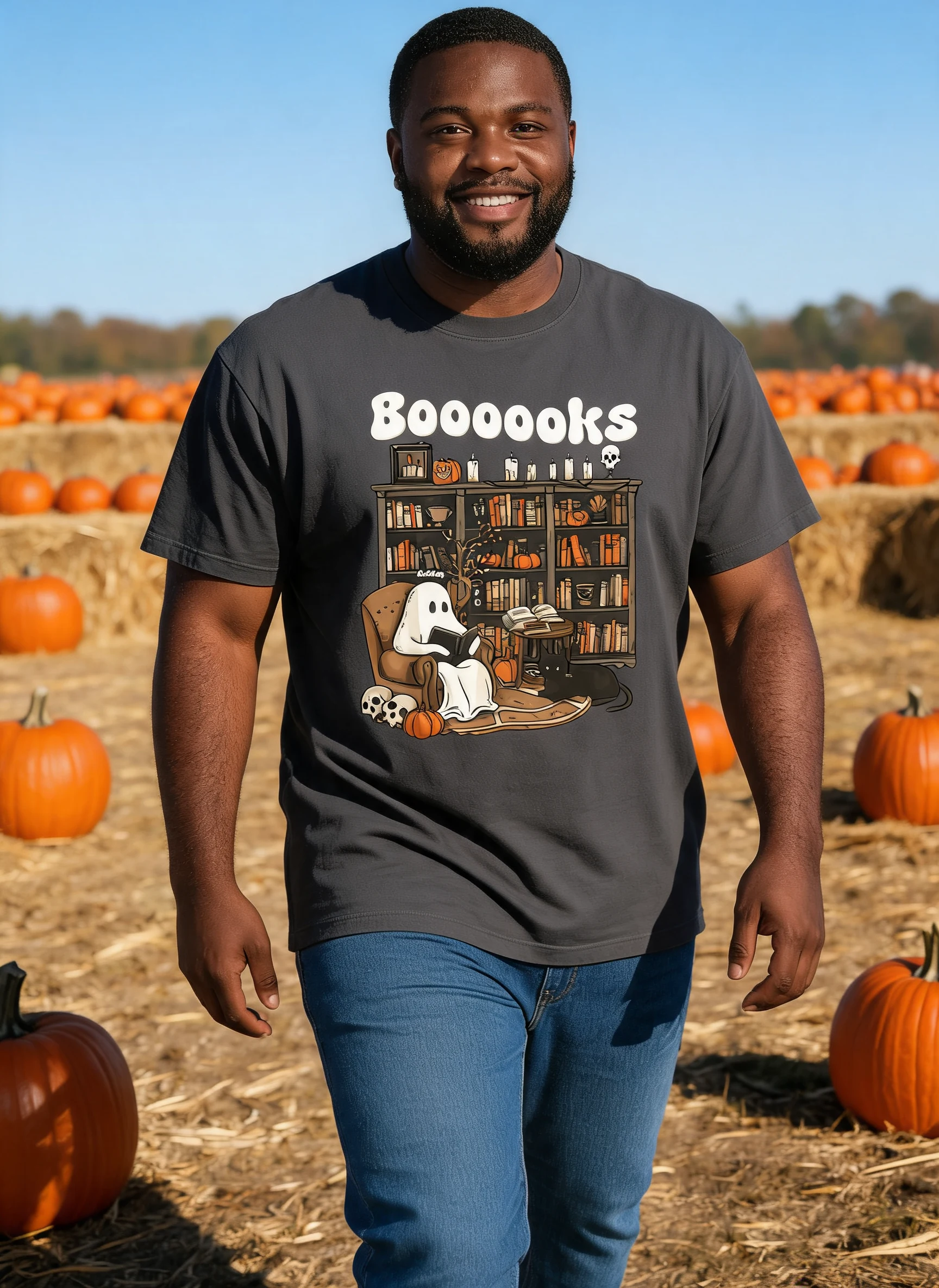Booooks Retro Ghost Reading Books Personalisiertes Halloween-Shirt für Buchliebhaber, Bibliothekare, Lehrer — Sport Grey