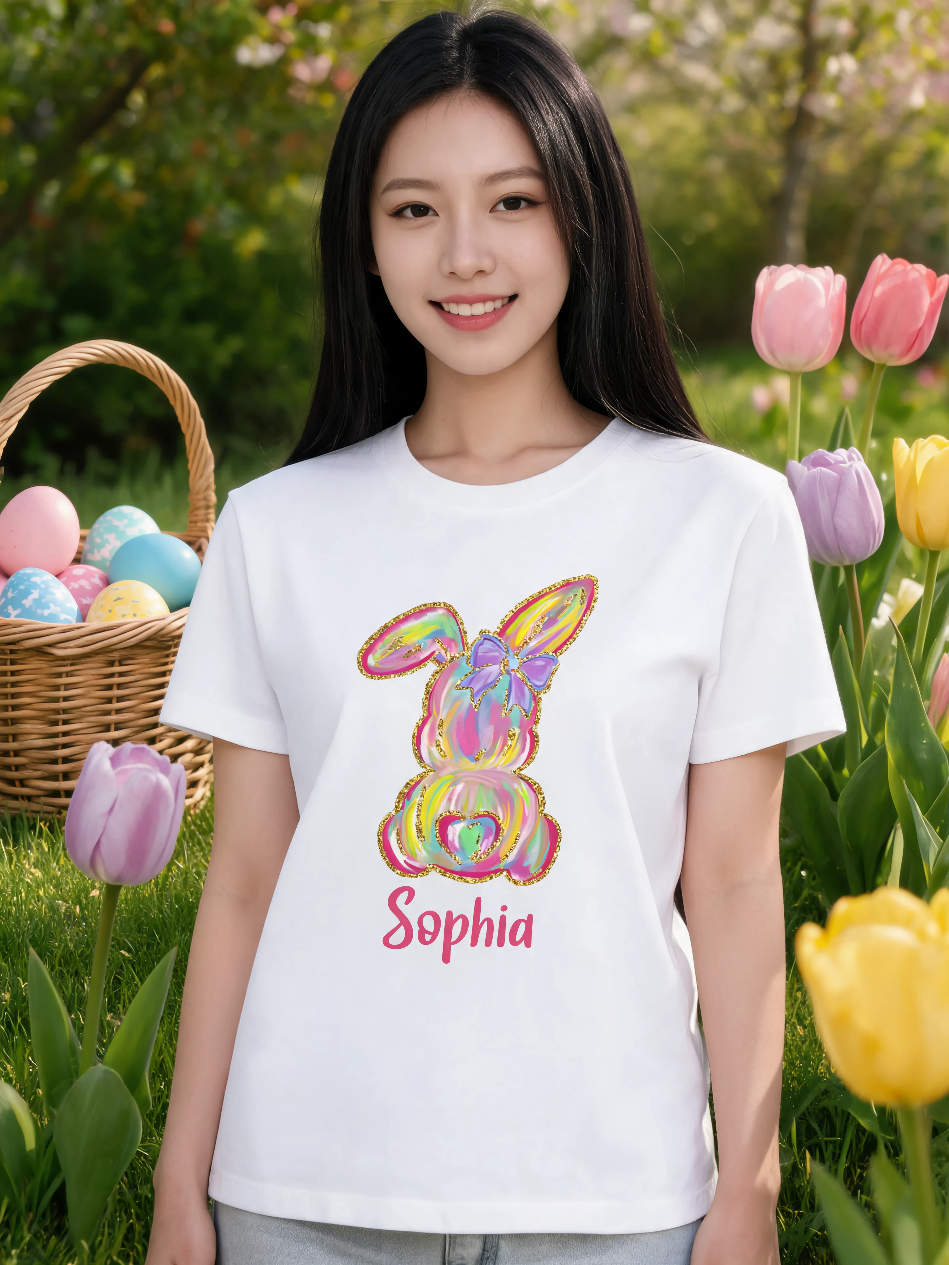 Brushstroke Bunny Easter Personalized Baby Onesie Baby Shirt - Custom Baby Name — White