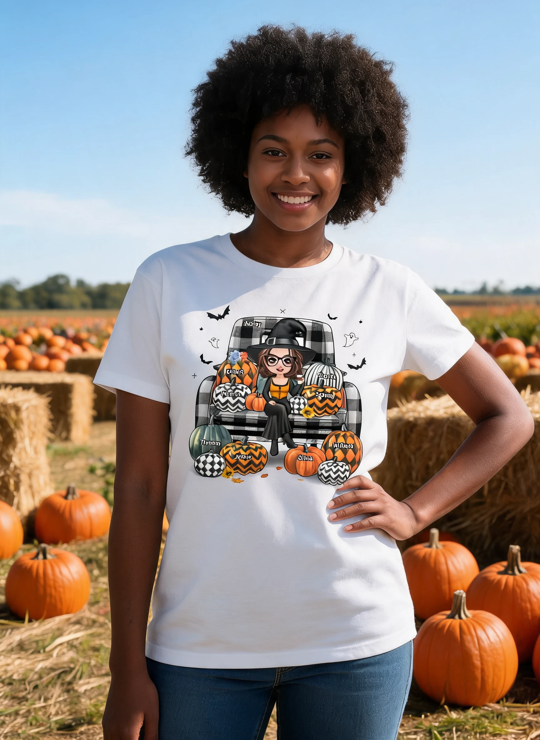 Buffalo Plaid Halloween Truck Pumpkin Doll Grandma Mom Witch Personalized Shirt — White