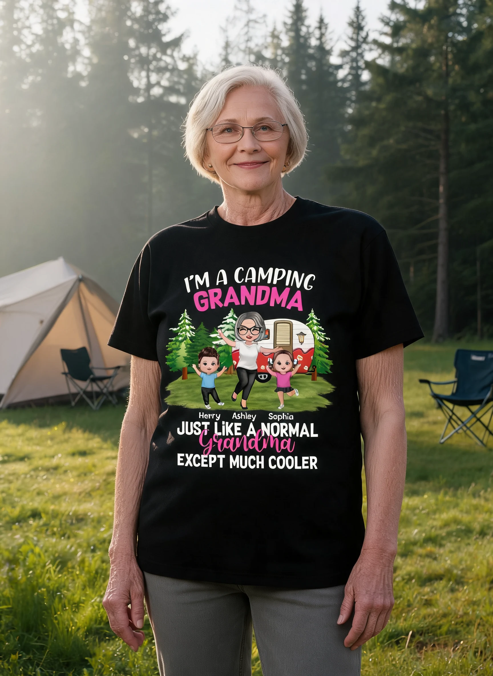 Camping Happy Grandma Grandkids Personalized Shirt — Black
