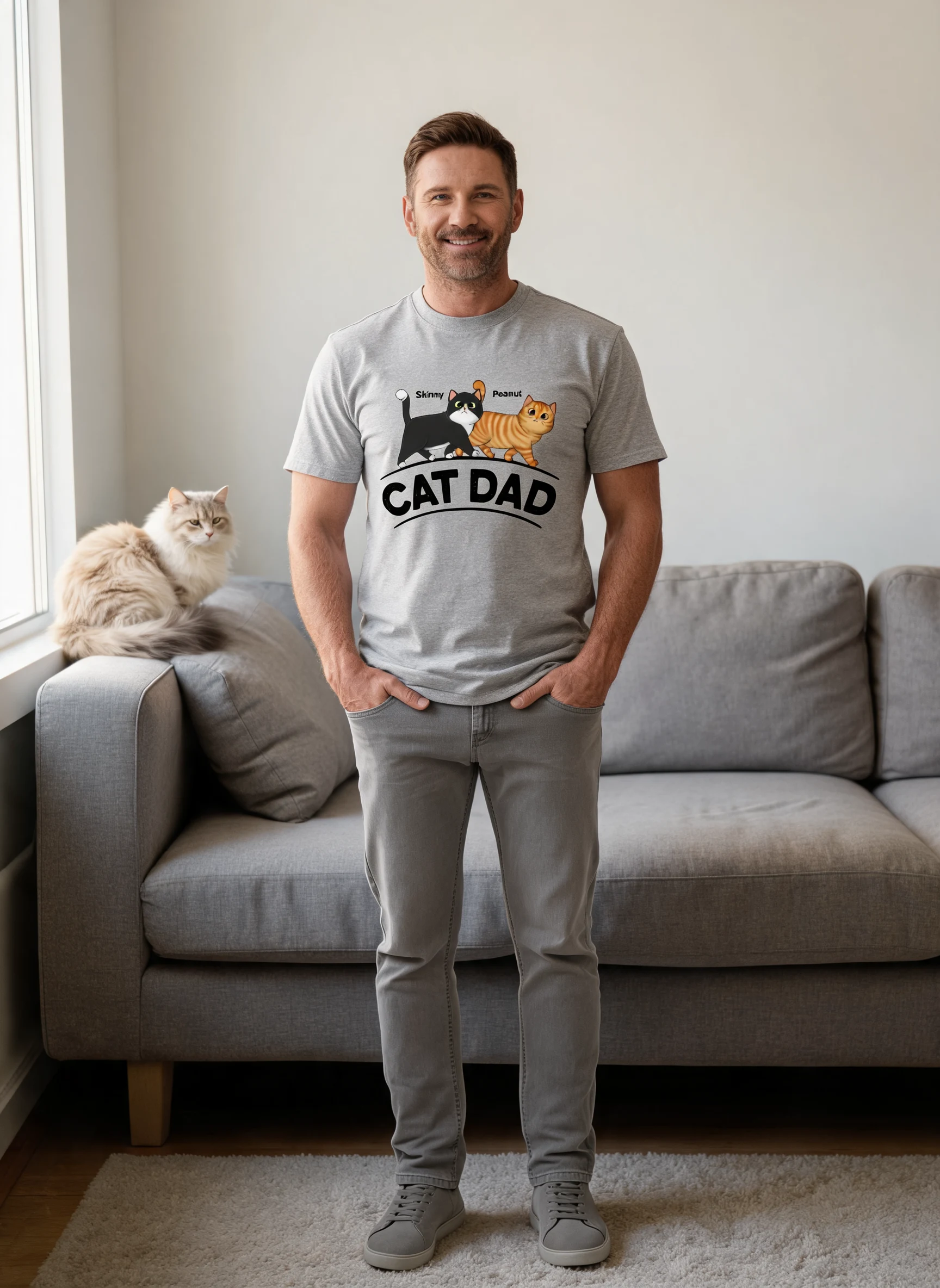 Cat Dad Fluffy Walking Cats Personalized Shirt — Sport Grey