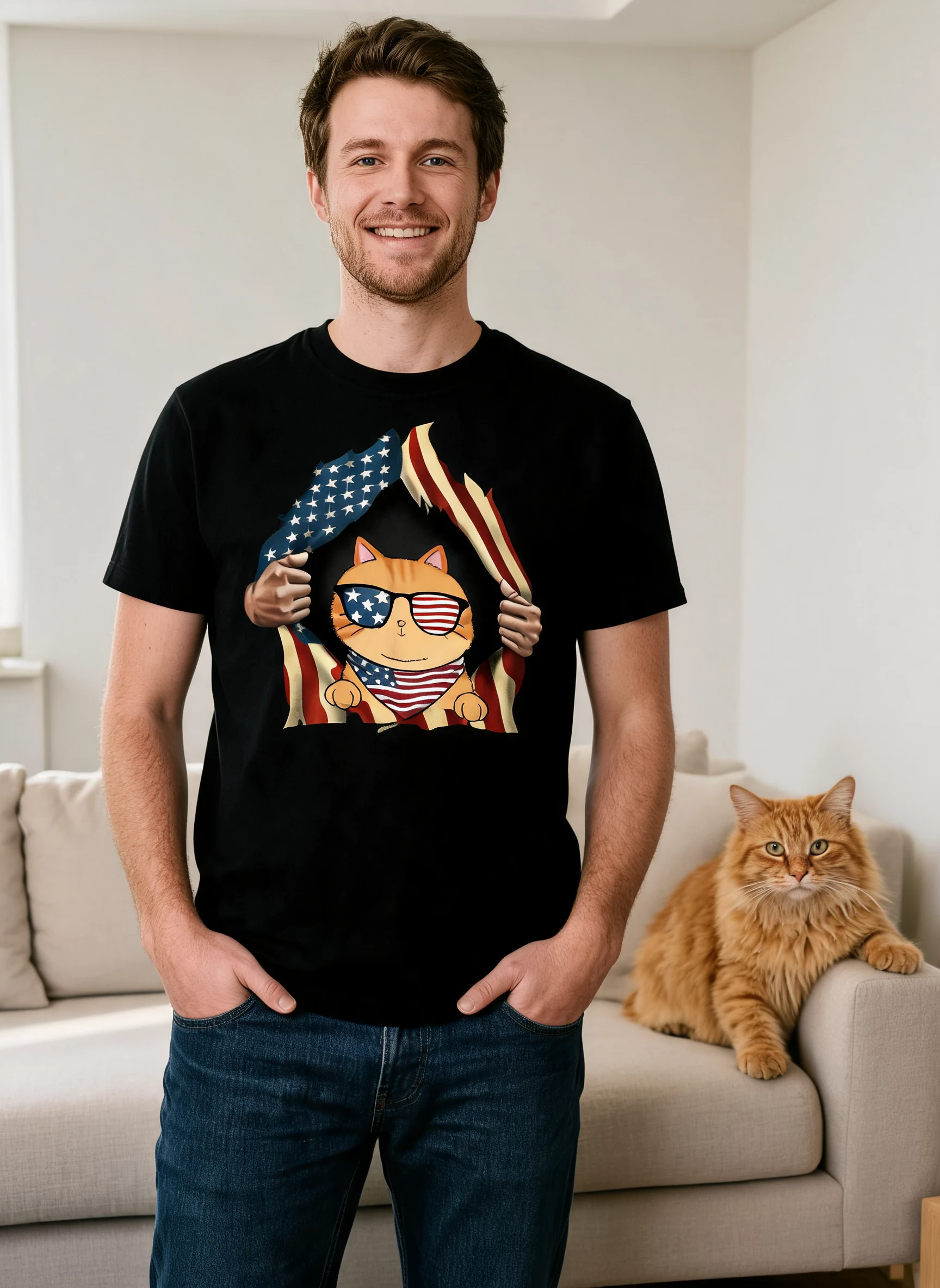Camiseta Personalizada Amantes de los Gatos Manos Rasgando Bandera Nacional — Negro