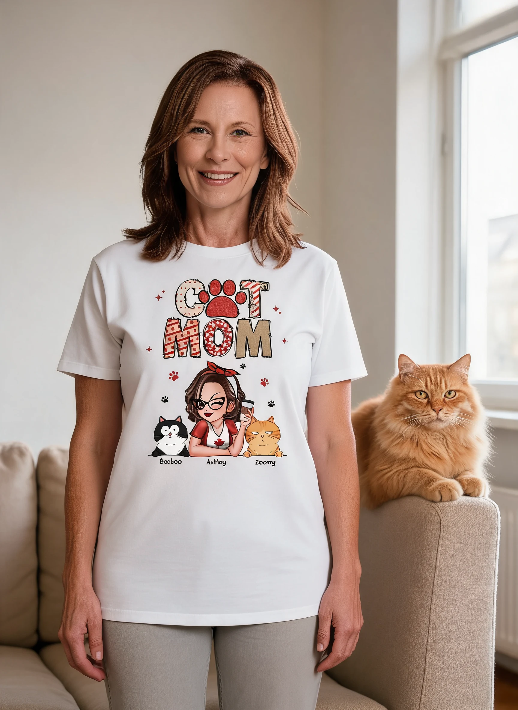 Cat Mom Canada Flag Sparkly Pattern Personalized Shirt, Canada Day — White