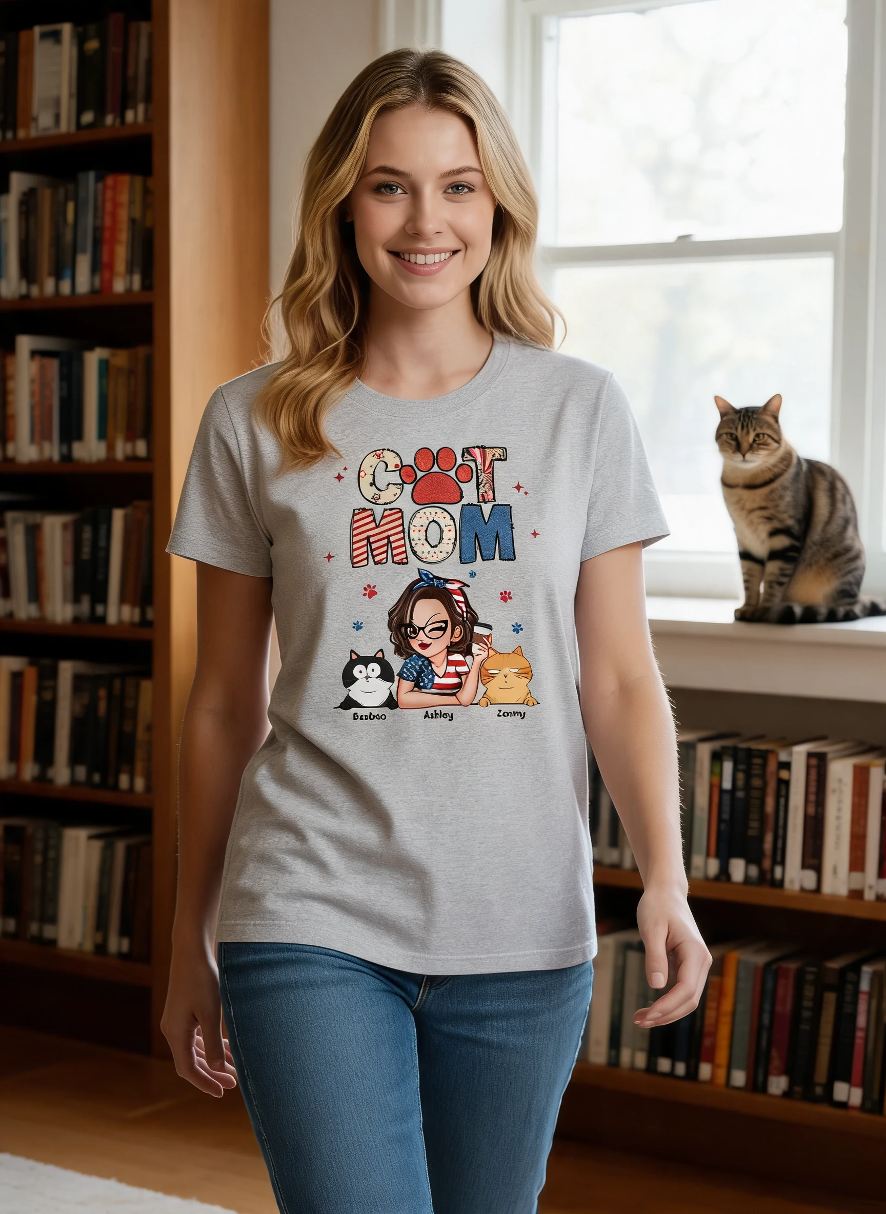 Personalisiertes Shirt für Katzenmamas mit funkelnem Muster, Geschenk für Katzenmama — Sport Grey