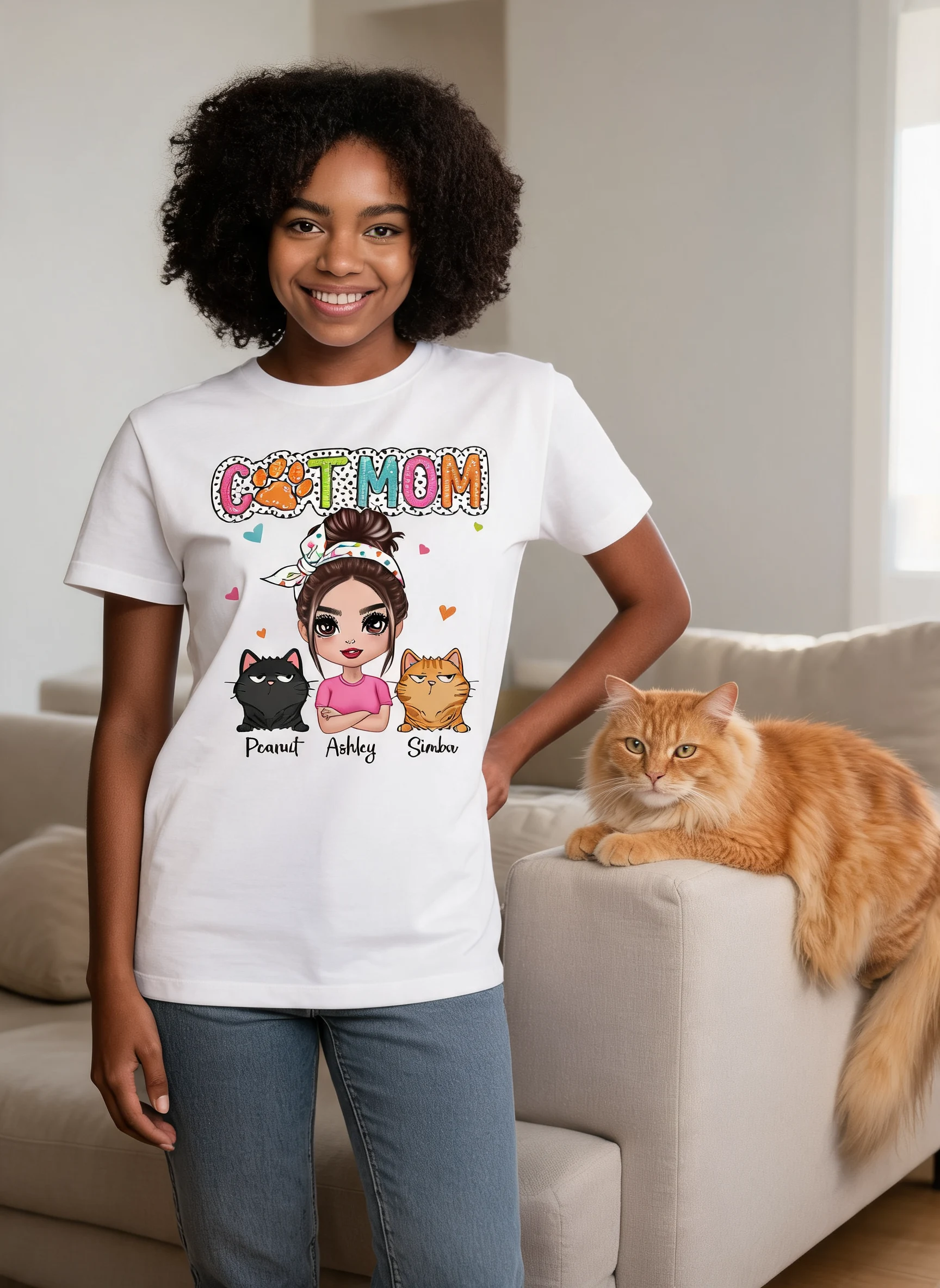 Cat Mom Summer Vibe Dots Sassy Woman & Cute Cats Personalized Shirt — White
