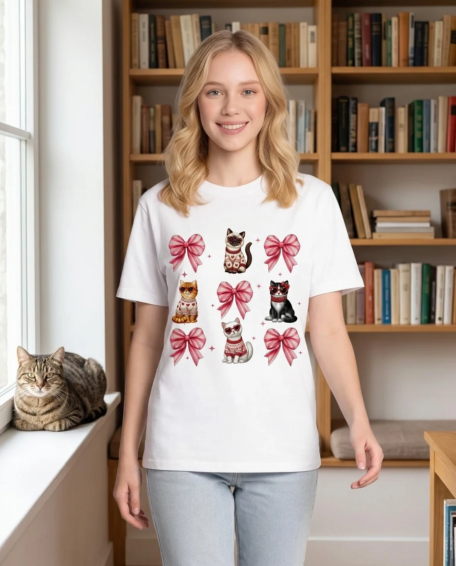 Cat Pink Coquette Heart Love Cat Personalized Shirt, Trendy Cat Lover Tee, Gift for Cat Moms — White