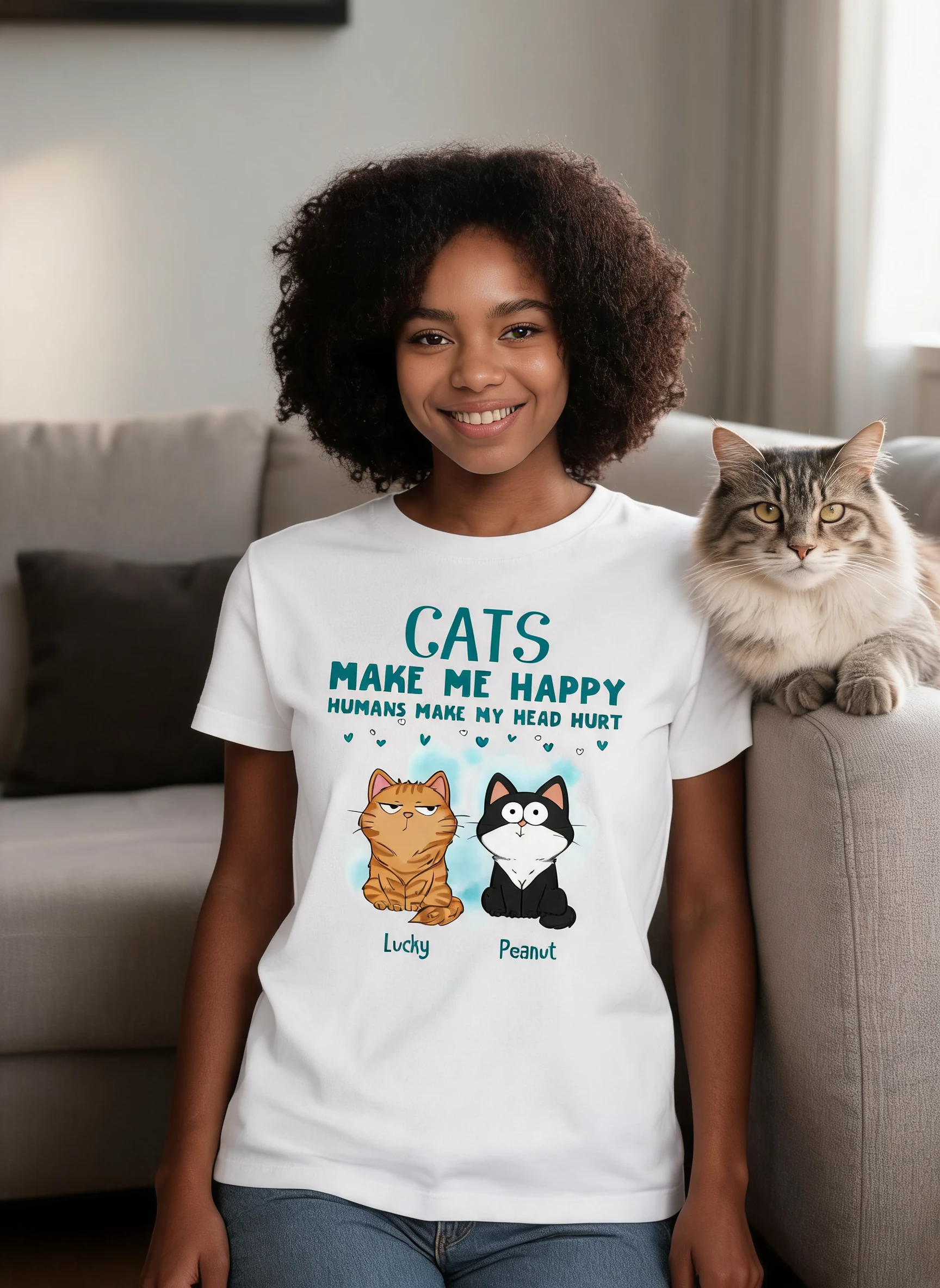 Cats Make Me Happy Funny Cats Expressions Personalized Shirt — White