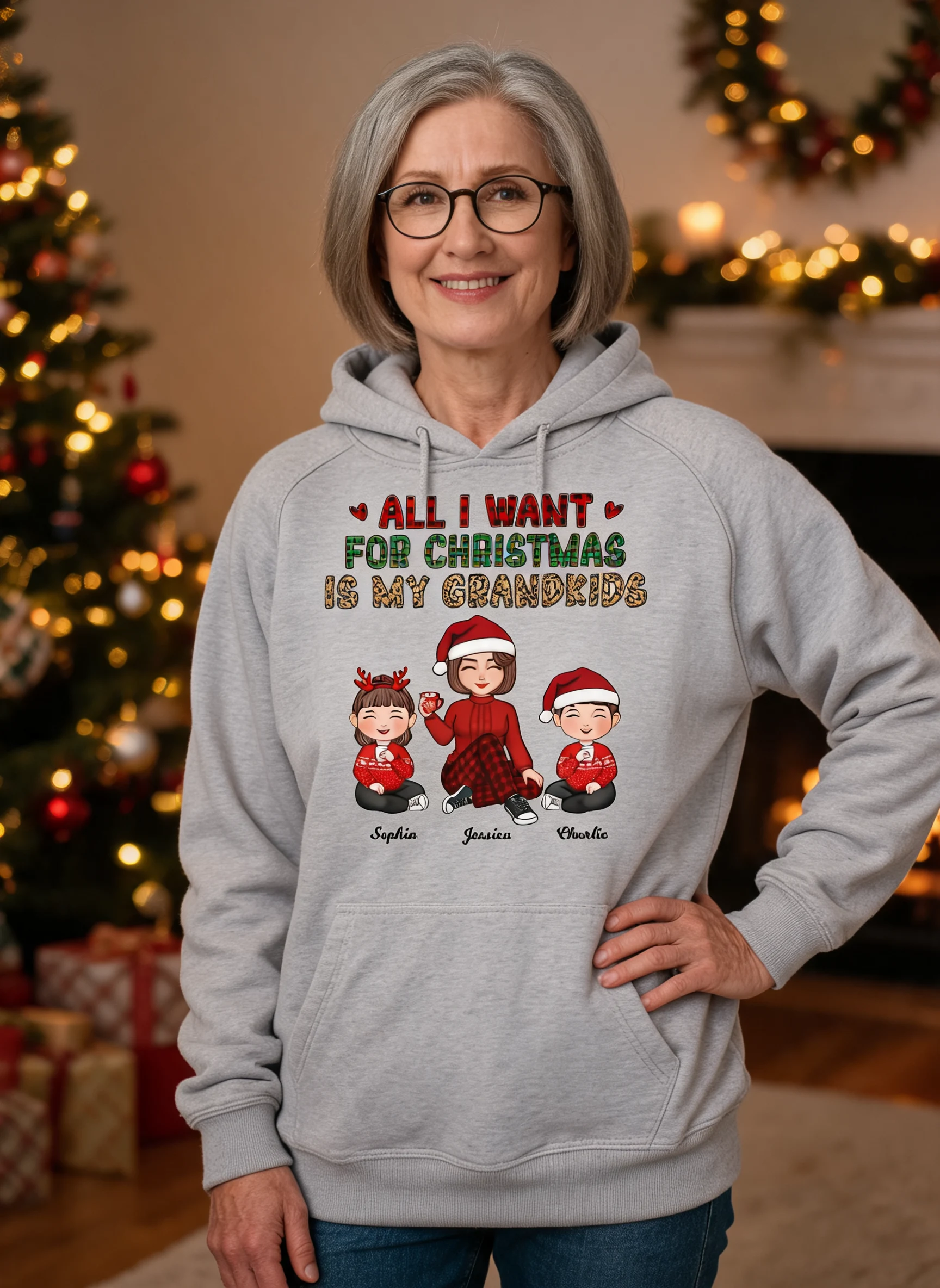 Patrón De Leopardo A Cuadros Todo Lo Que Quiero Para Navidad Son Mis Nietos Linda Abuela & Nietos Camiseta Personalizada — Gris Deportivo