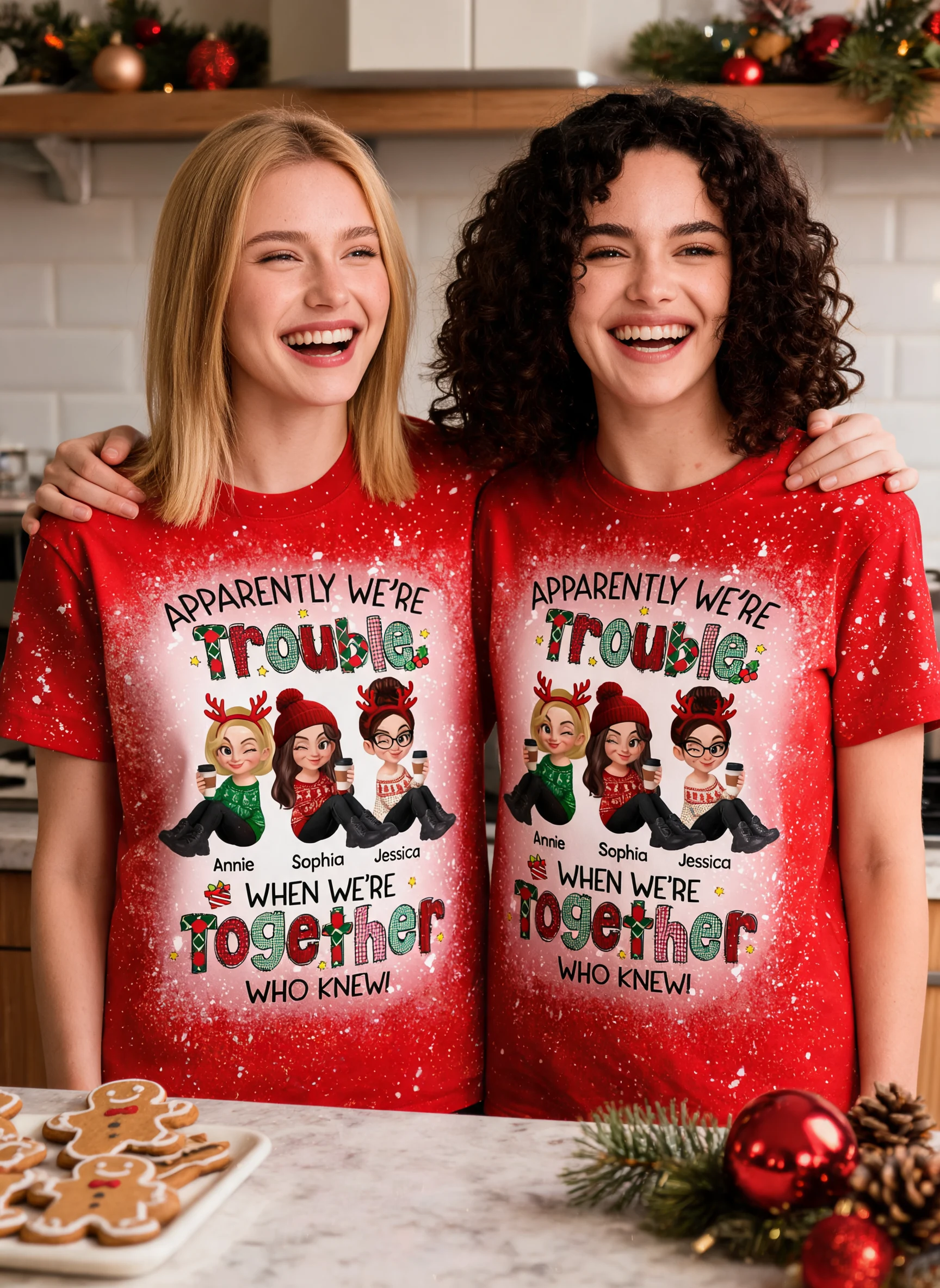 Meilleurs Amis de Noël Apparemment On Est Des Ennuis Quand On Est Ensemble - T-shirt Personnalisé - Cadeau Pour Meilleurs Amis, T-shirts Assortis Pour Groupe — Blanc