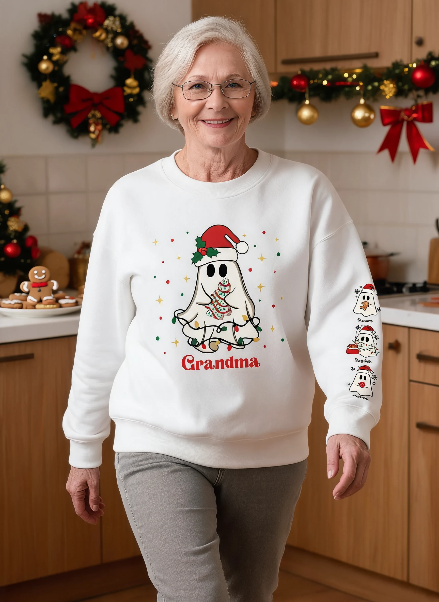 Christmas Cute Boo Grandma Grandkids Personalized Sleeve Printed Sweatshirt — White