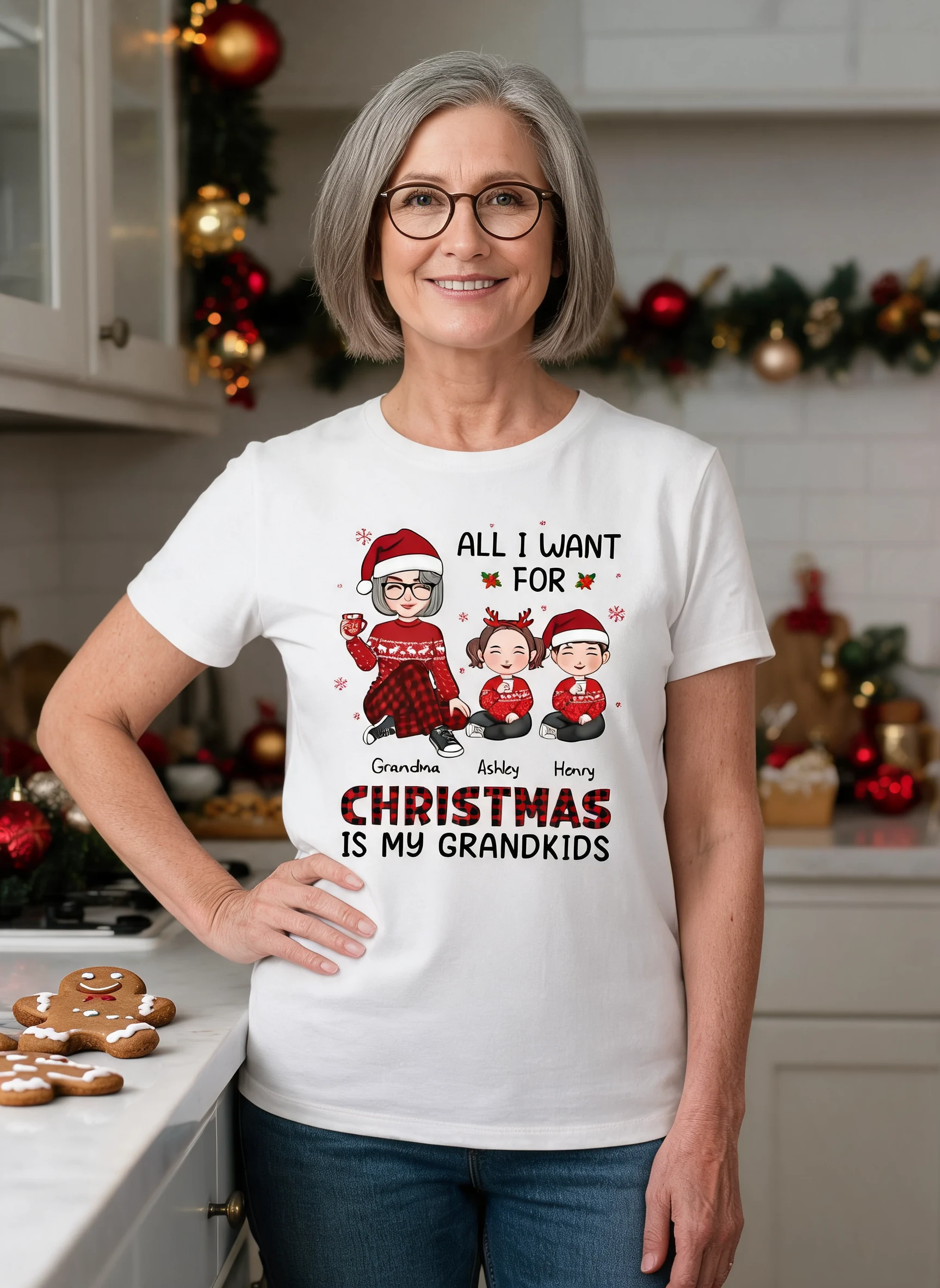 Noël Adorable Mamie Tout Ce Que Je Veux Pour Noël Ce Sont Mes Petits-Enfants T-Shirt Personnalisé — Blanc