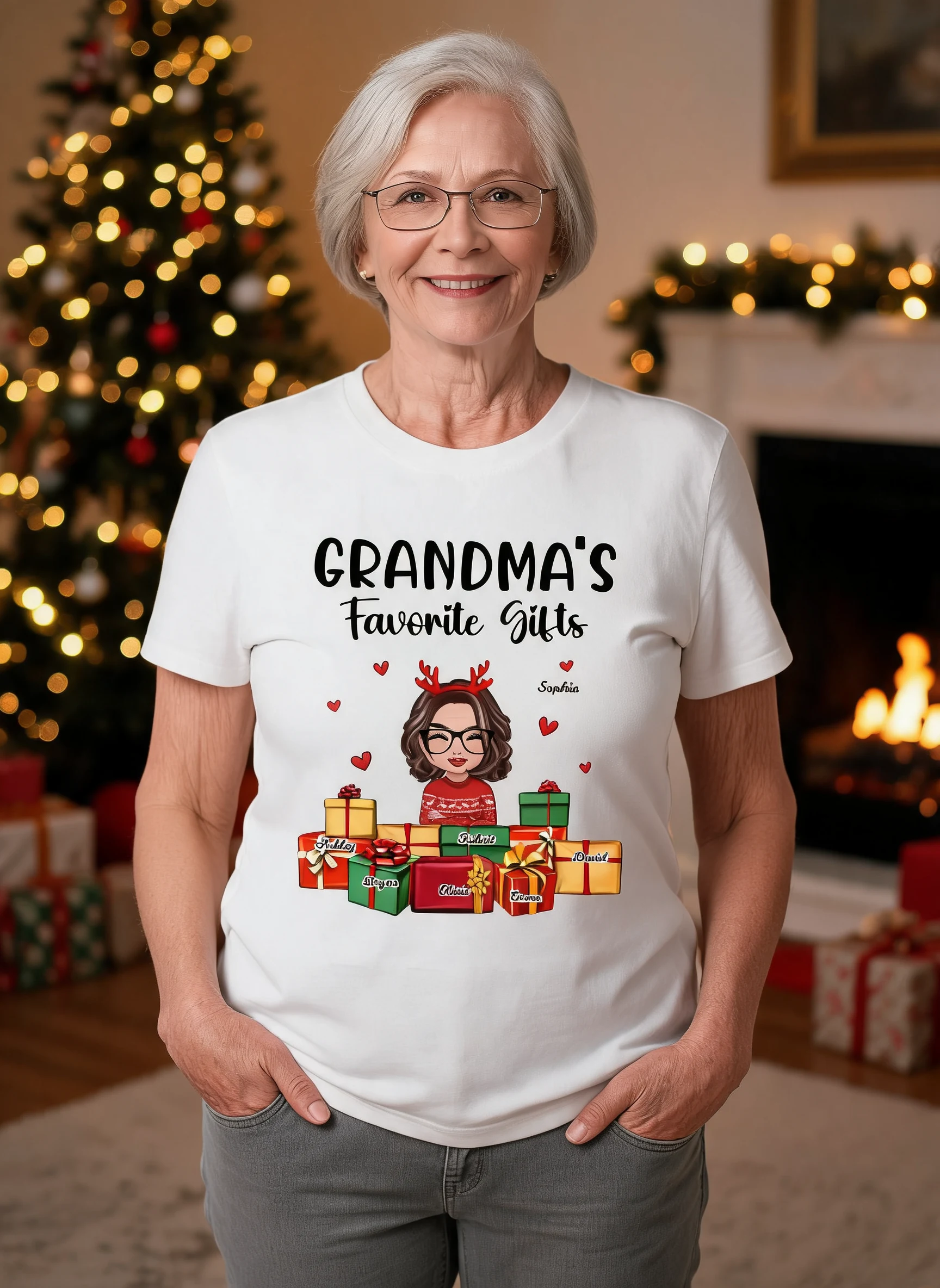 Noël Mignonne Mamie Cadeaux Préférés Noms des Petits-enfants T-Shirt Personnalisé — Blanc