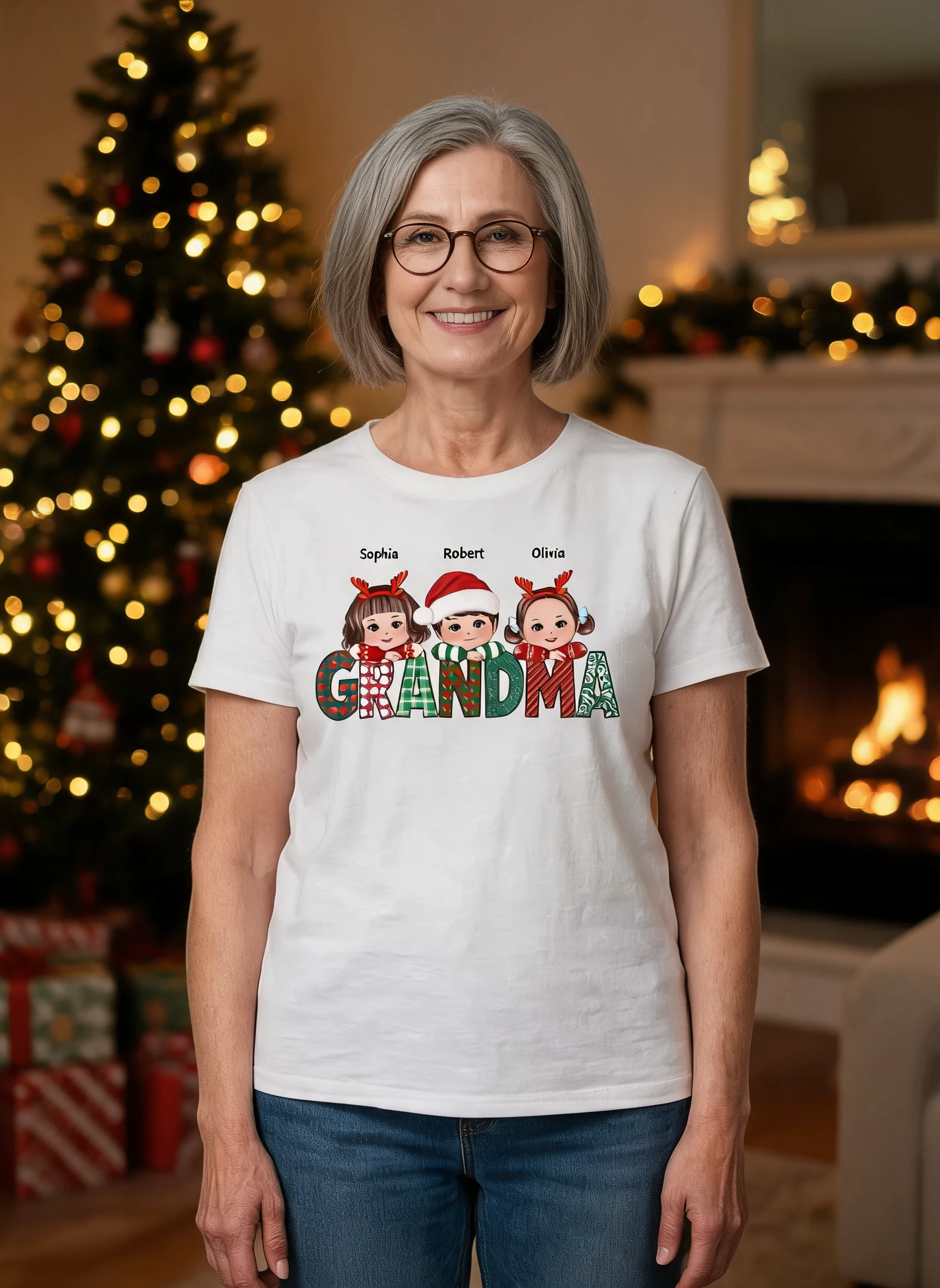 T-shirt personnalisé Motif de Noël Mamie Petits-enfants mignons posant la tête sur les bras — Blanc