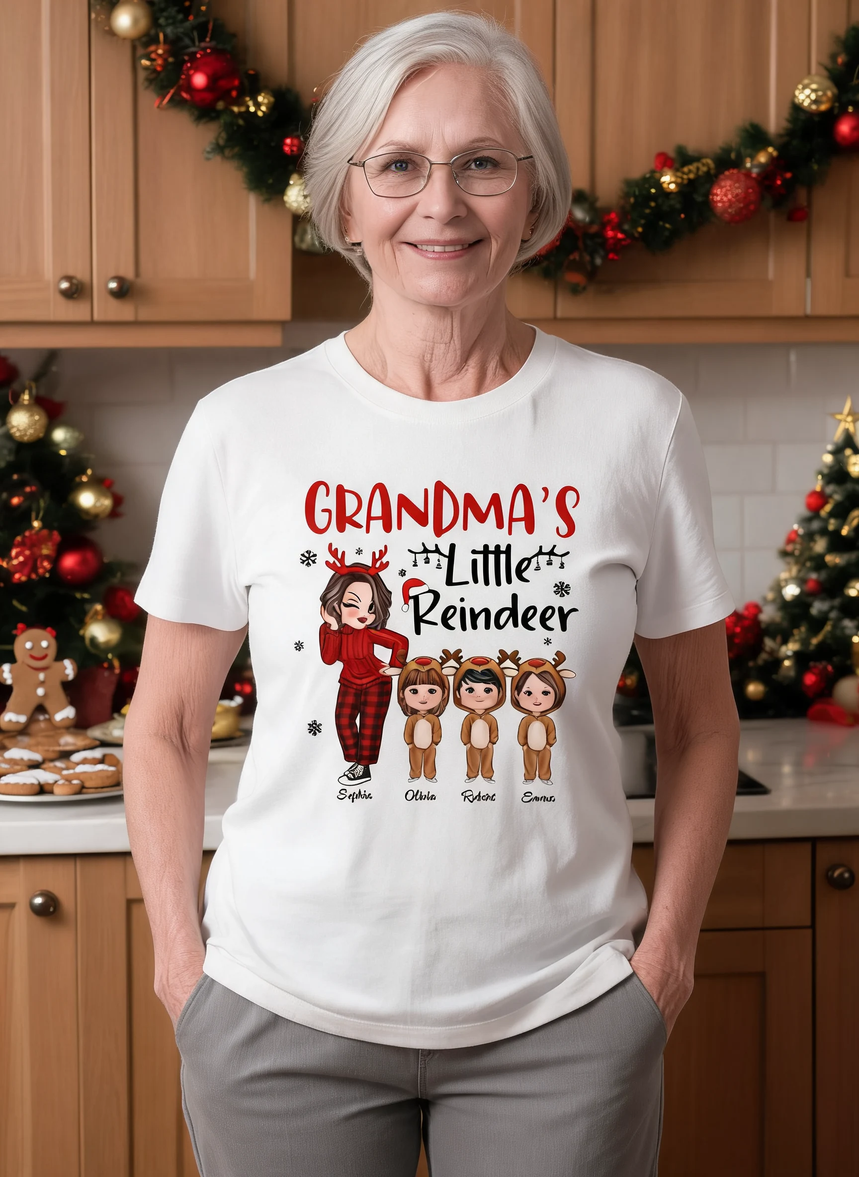 Camiseta Personalizada para Niños Bonita de Navidad, Pequeño Reno de la Abuela, Muñeca — Blanco