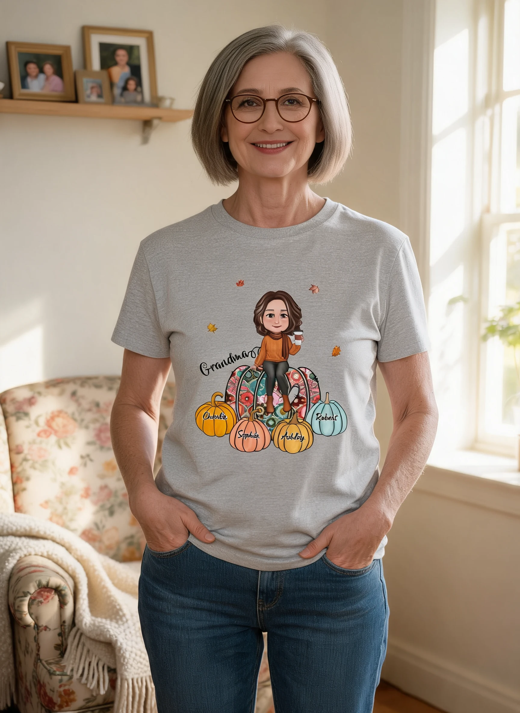 Colorful Patterned Pumpkids Grandma And Kid Names Personalized Shirt — Sport Grey