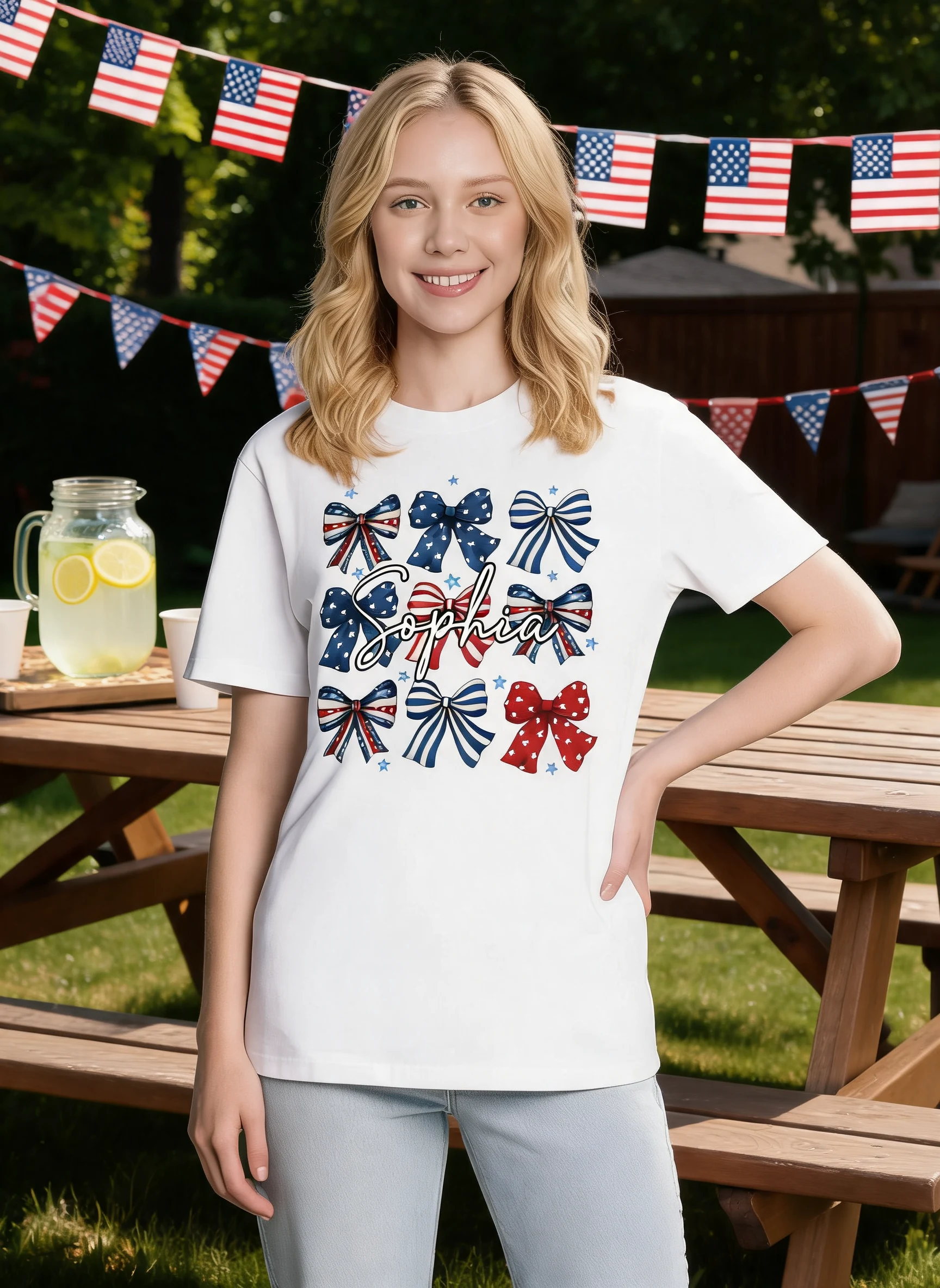 Coquette American Bows 4th Of July Independence Day Personalized Shirt, Gift For Mom, Wife, Girlfriend β White